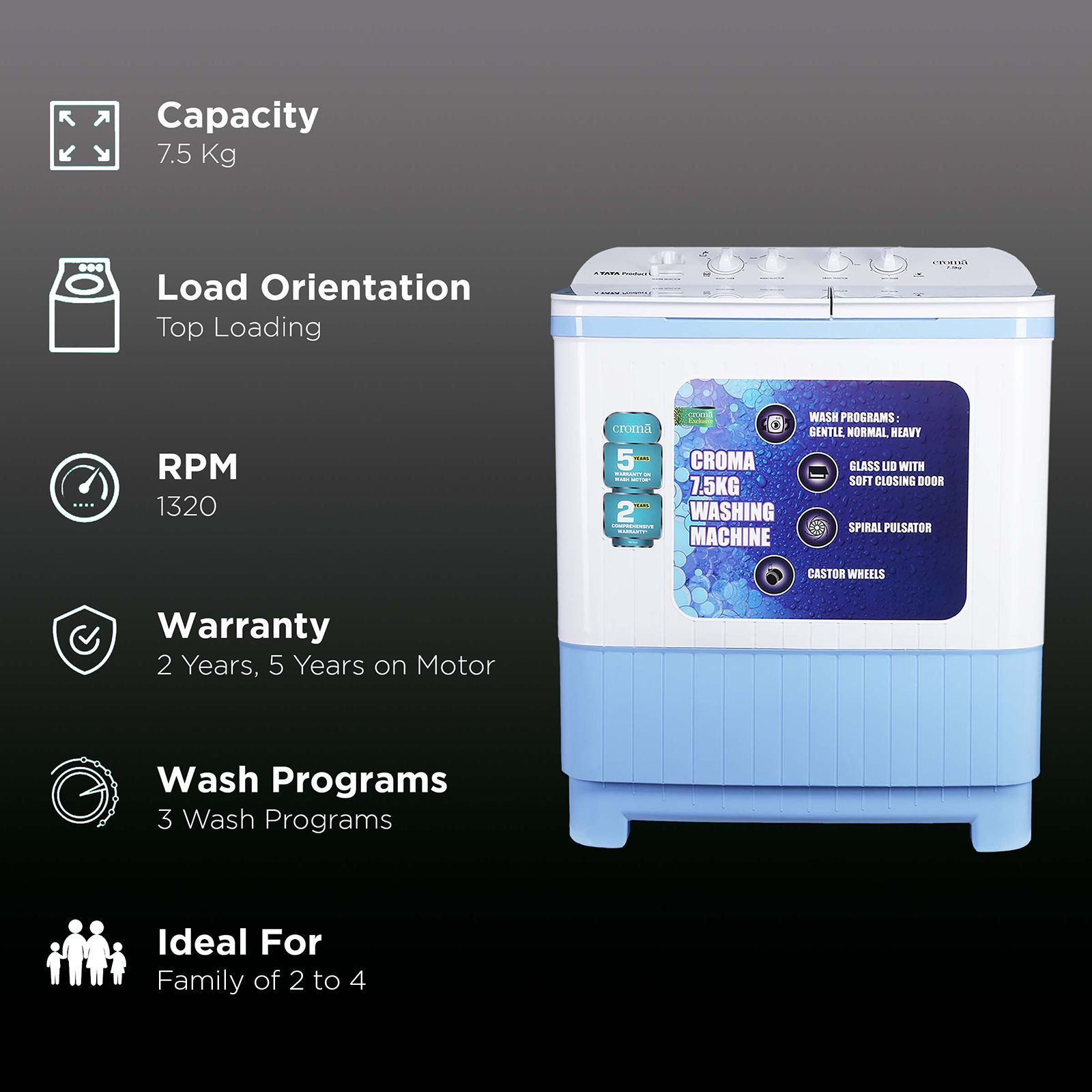 Croma 7.5 kg Semi Automatic Washing Machine with Auto Unbalancing Detection ( White)_2