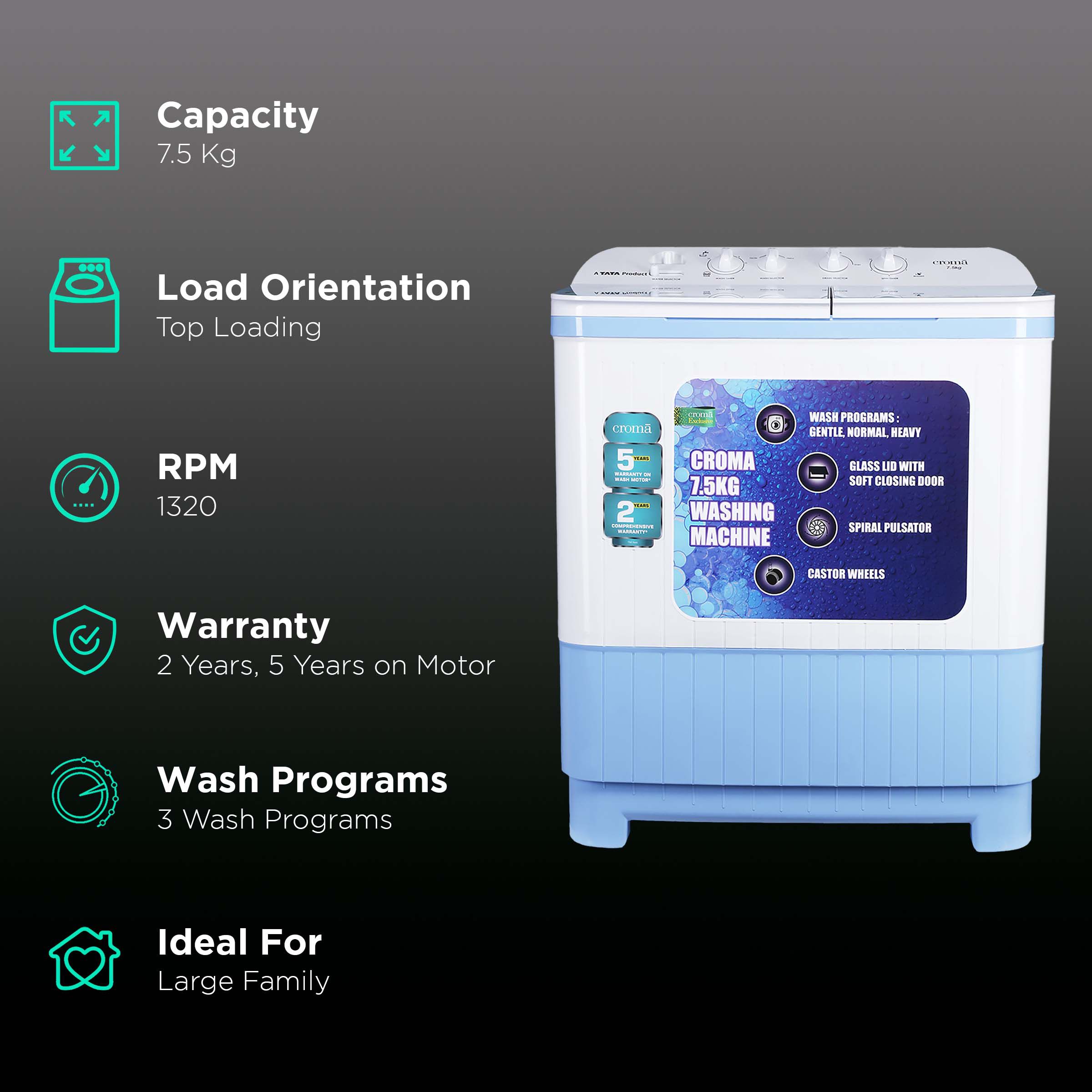 Croma 7.5 kg Semi Automatic Washing Machine with Auto Unbalancing Detection ( White) Croma 7.5 kg Semi Automatic Washing Machine with Auto Unbalancing Detection ( White)_2