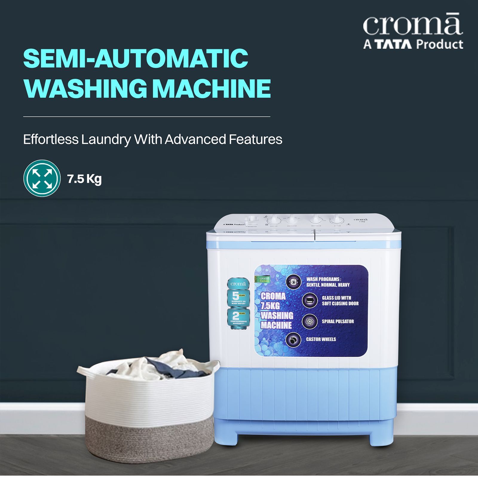 Croma 7.5 kg Semi Automatic Washing Machine with Auto Unbalancing Detection ( White) Croma 7.5 kg Semi Automatic Washing Machine with Auto Unbalancing Detection ( White)_5