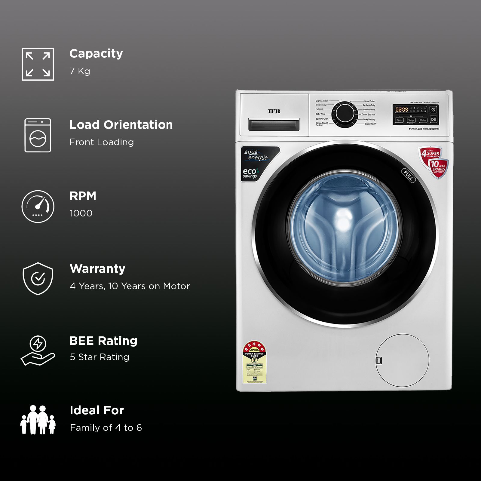 IFB 7 kg 5 Star Fully Automatic Front Load Washing Machine (Serena ZXS, Aqua Energie, Silver)_3