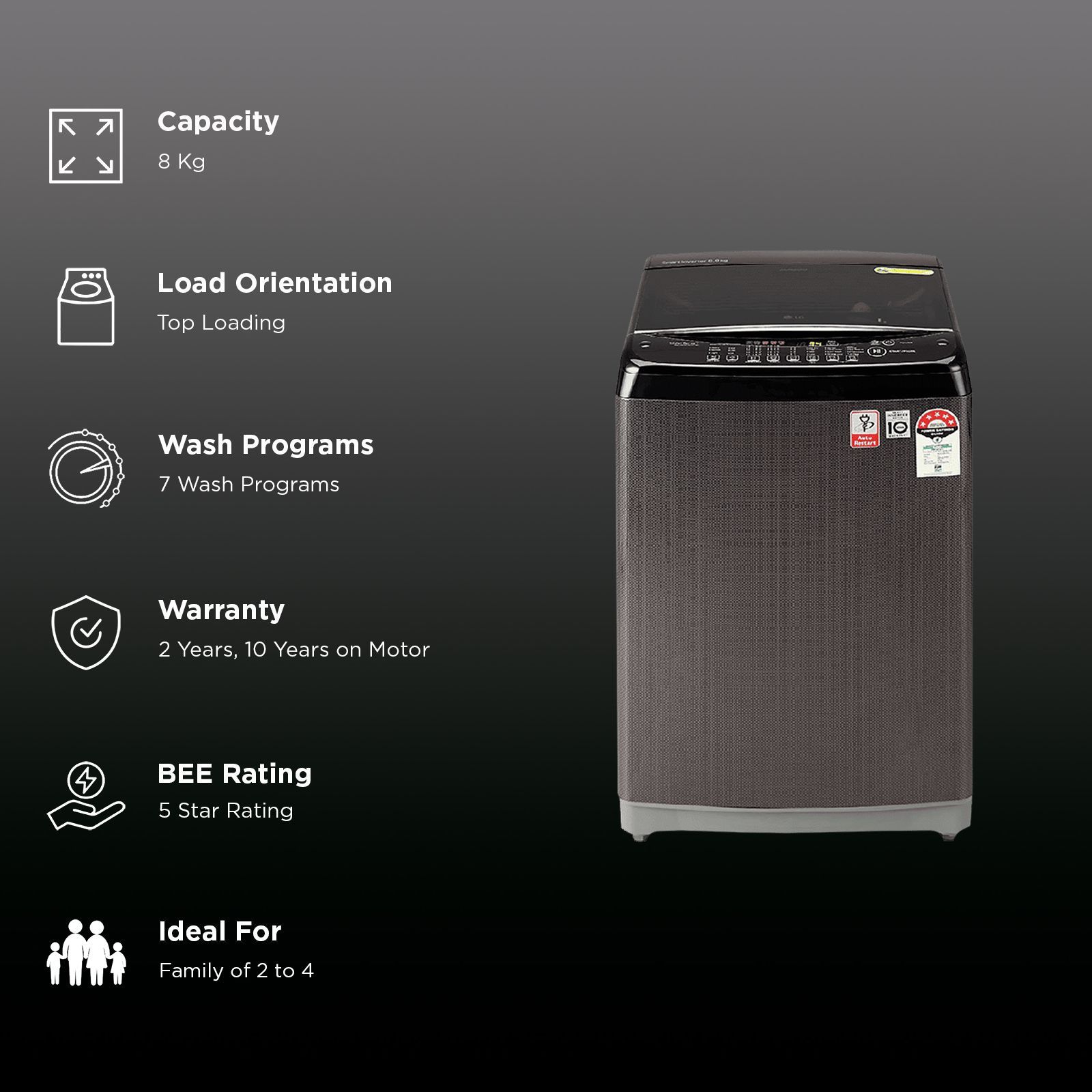 LG 8 kg 5 Star Fully Automatic Top Load Washing Machine (T80SJBK1Z, Smart Inverter Technology, Black Knight) LG 8 kg 5 Star Fully Automatic Top Load Washing Machine (T80SJBK1Z, Smart Inverter Technology, Black Knight)_2