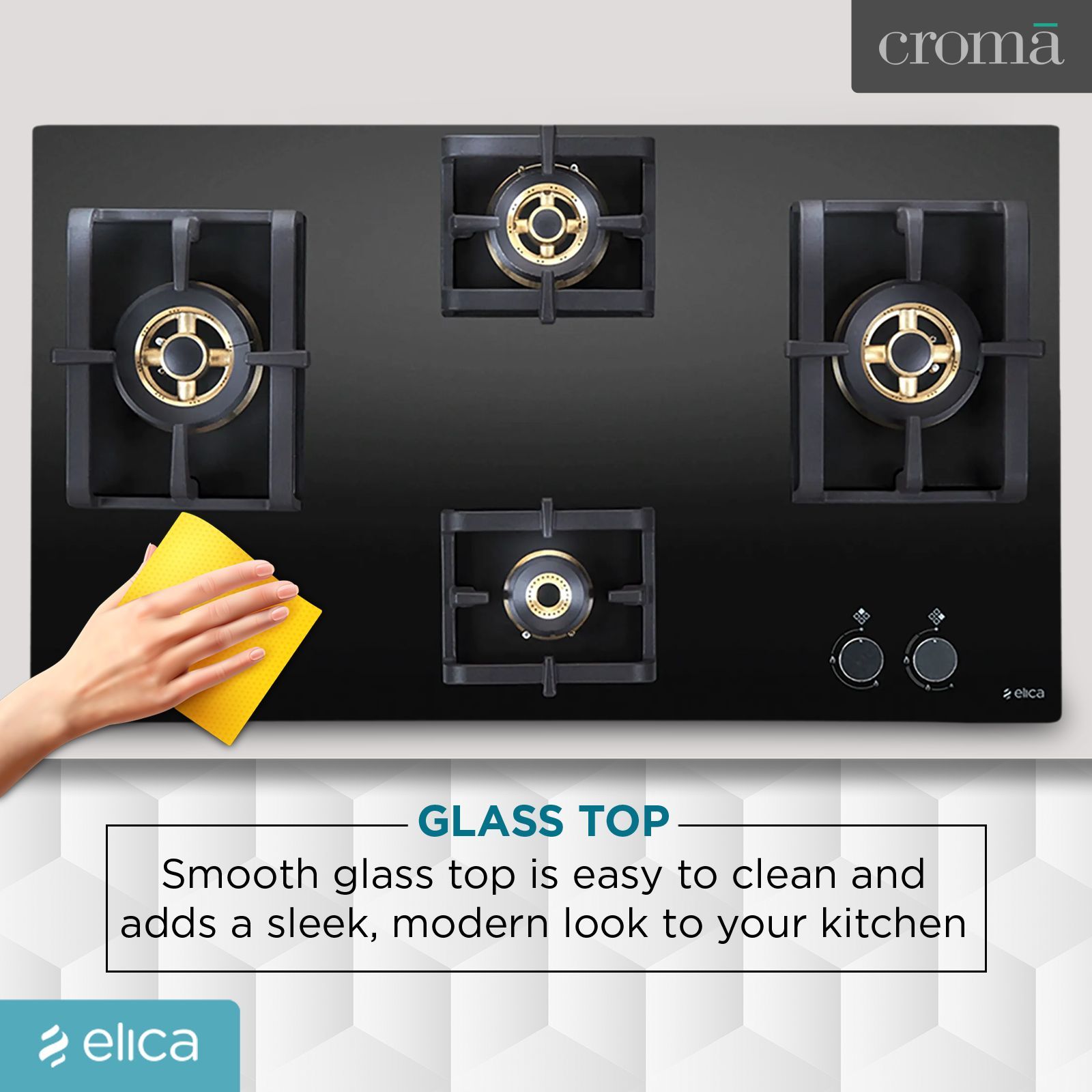 Elica PRO FB MFC 4B 91 DX FFD Glass Top 4 Burner Automatic Electric Hob (Round Metallic Knob, Black)_6