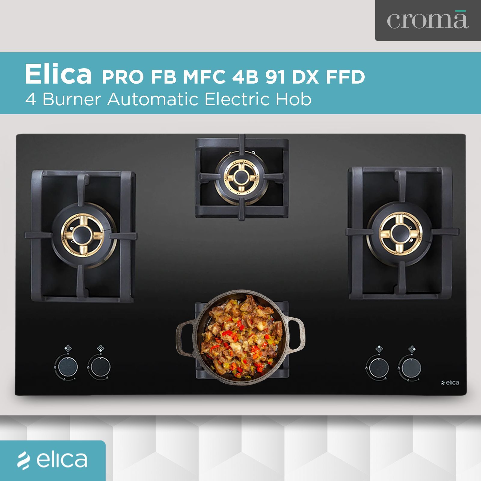 Elica PRO FB MFC 4B 91 DX FFD Glass Top 4 Burner Automatic Electric Hob (Round Metallic Knob, Black)_4