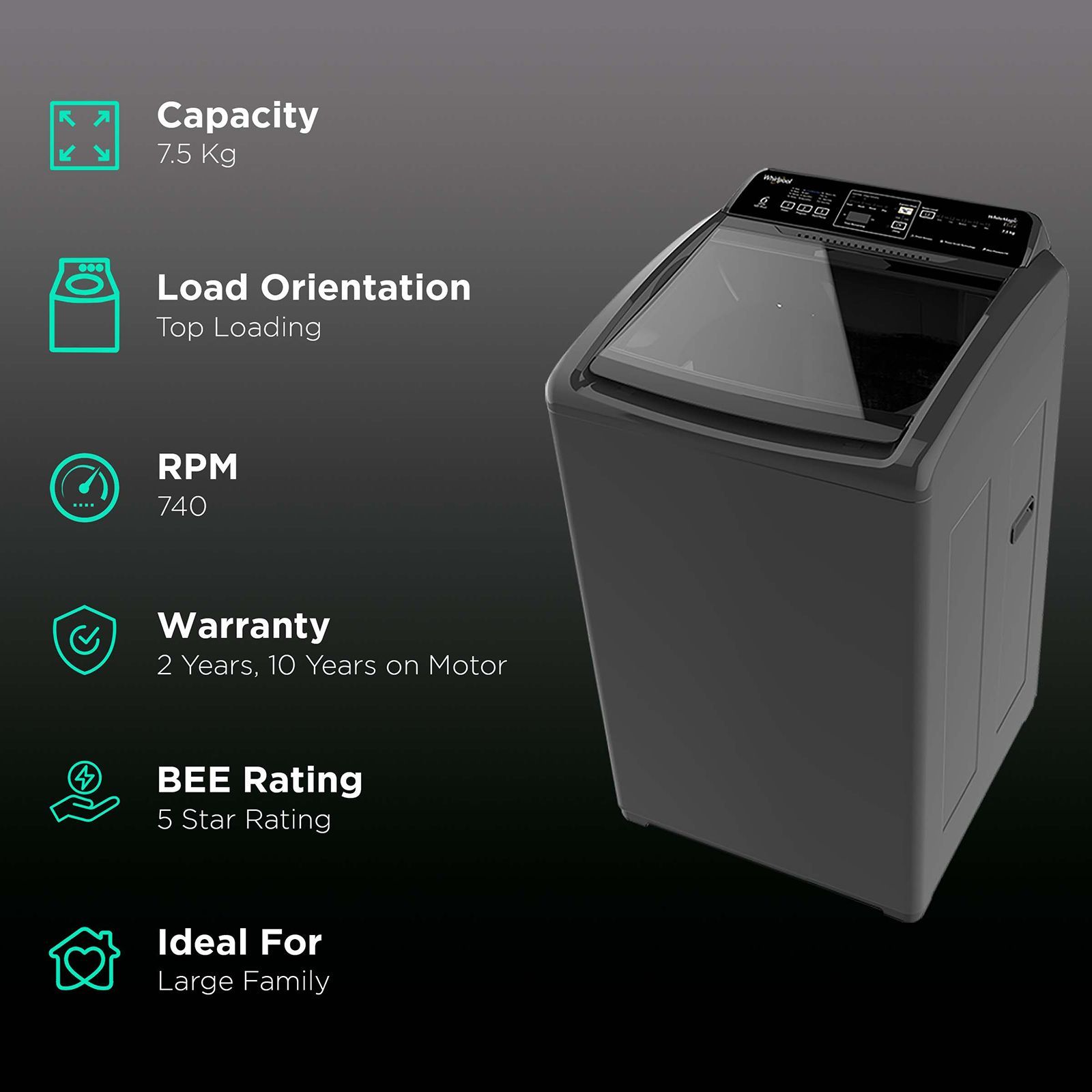 Whirlpool 7.5 kg 5 Star Fully Automatic Top Load Washing Machine (Whitemagic Elite, 31370, Lint Filter, Grey) Whirlpool 7.5 kg 5 Star Fully Automatic Top Load Washing Machine (Whitemagic Elite, 31370, Lint Filter, Grey)_2