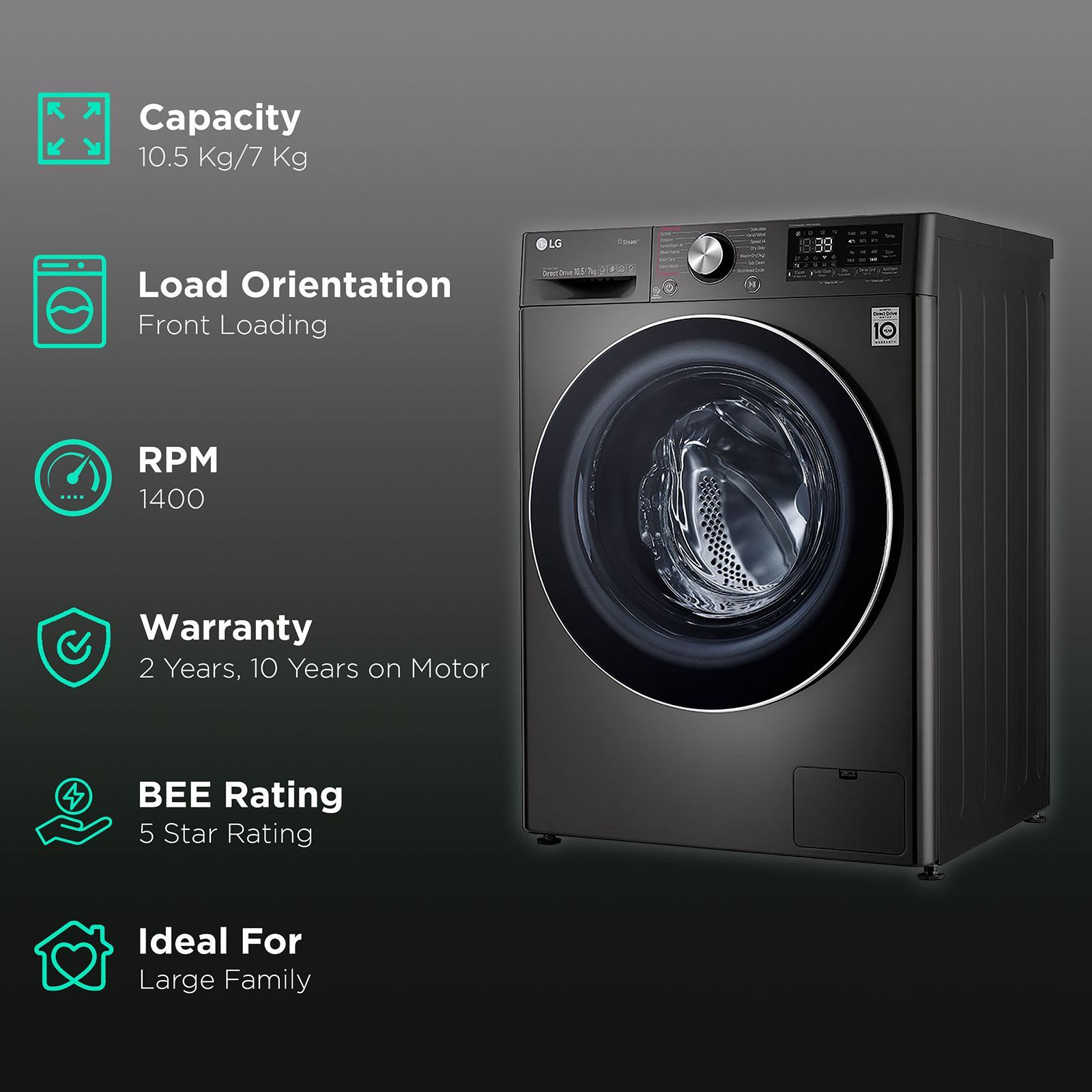 LG 10.5/7 kg 5 Star Inverter Fully Automatic Front Load Washer Dryer (FHD1057STB.ABLPEIL, In-Built Heater, Black VCM)_2