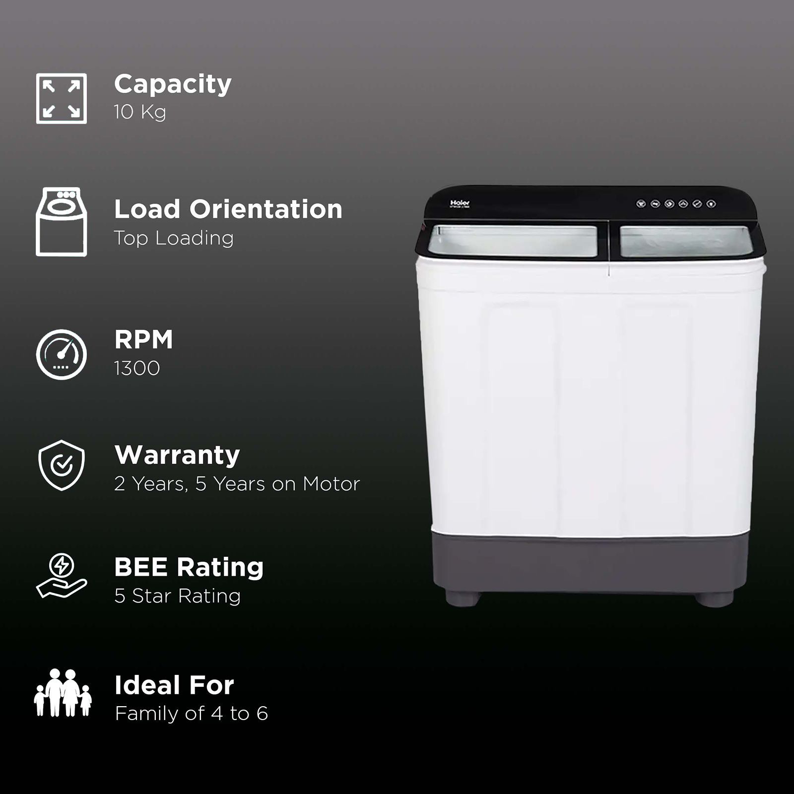 Haier 10 kg 5 Star Semi Automatic Washing Machine with 4D Magic Filter (HTW100-178BK, Black)_2
