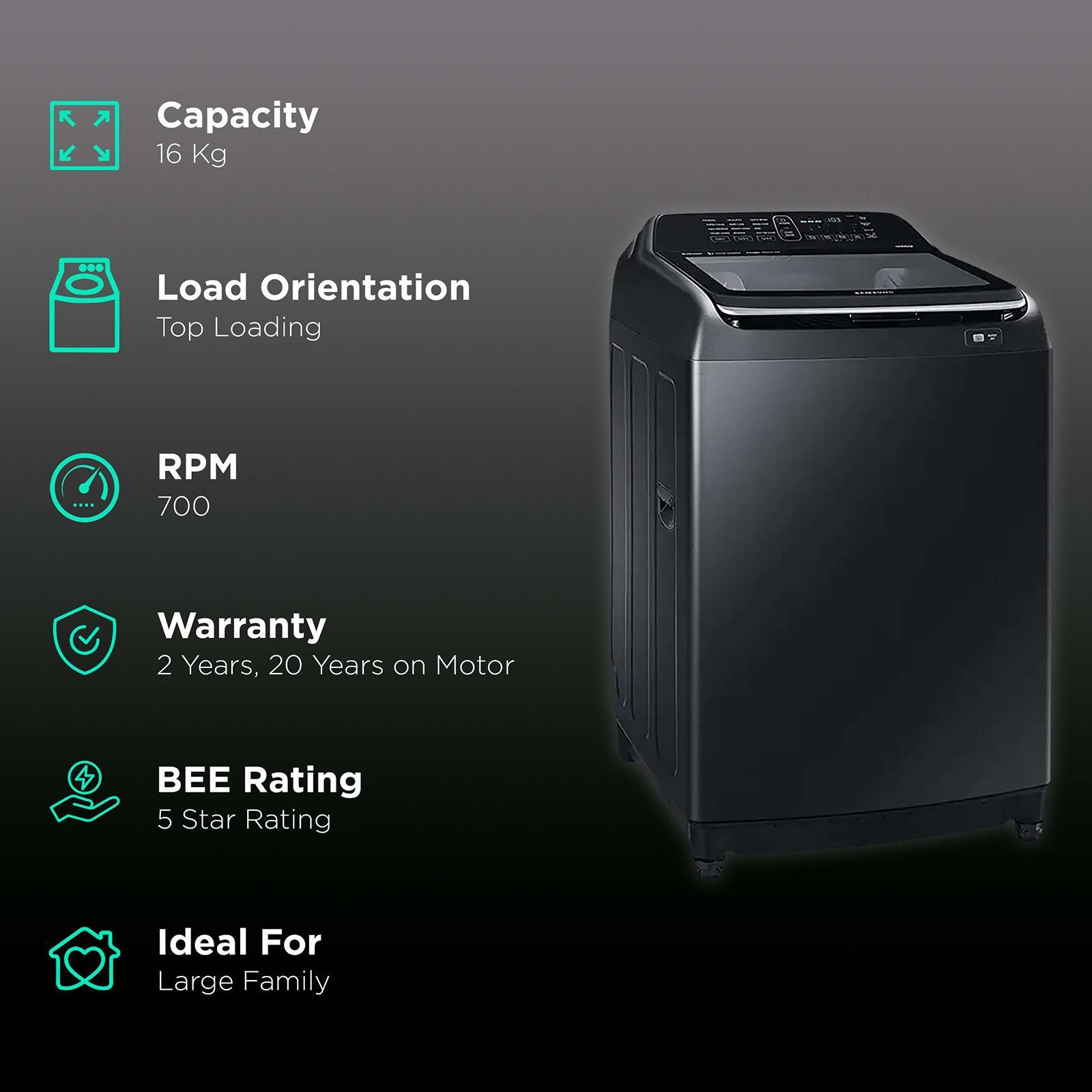 SAMSUNG 16 kg 5 Star Inverter Fully Automatic Top Load Washing Machine (WA16N6781CV/TL, Magic Filter, Black)_2