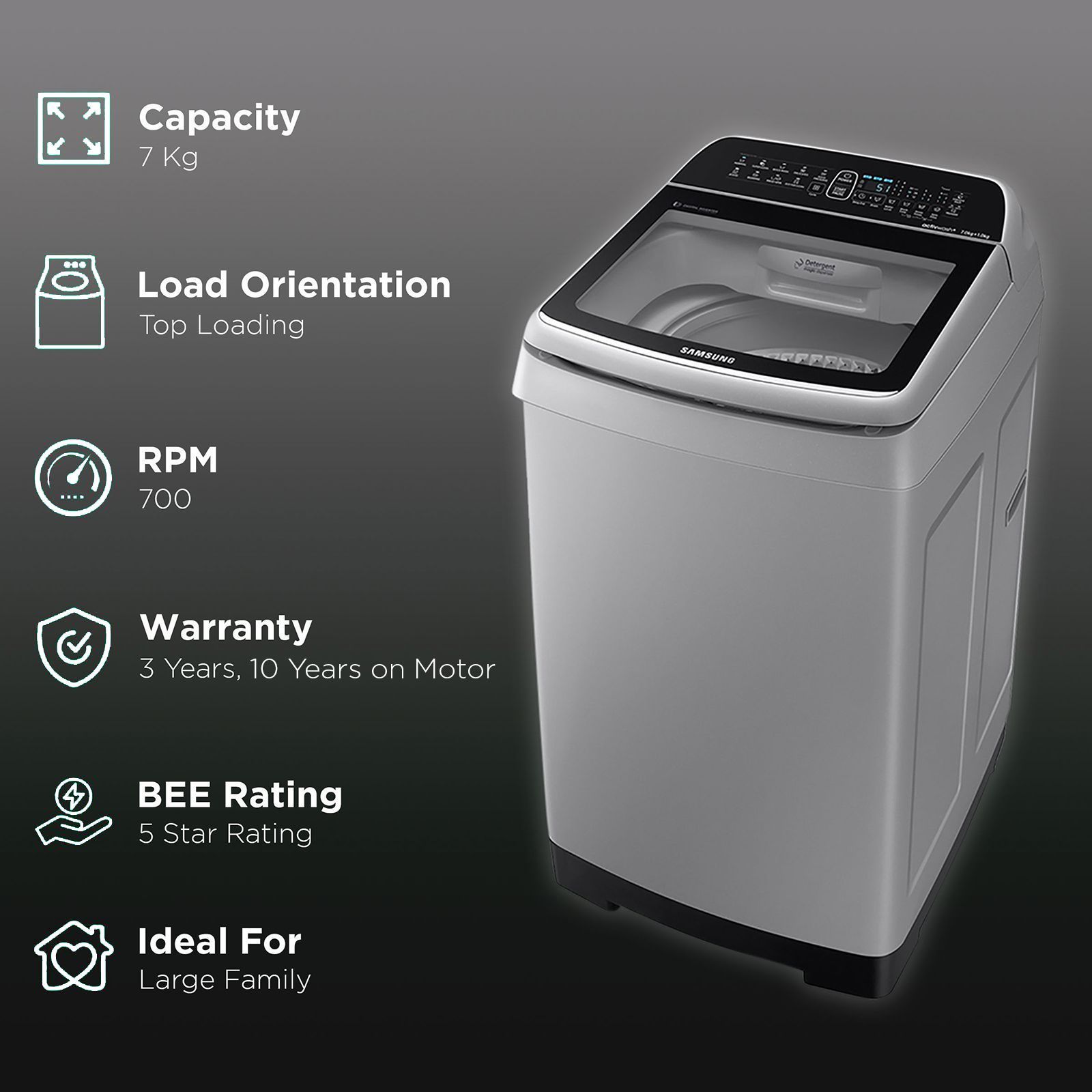 SAMSUNG 7 kg 5 Star Inverter Fully Automatic Top Load Washing Machine (WA70N4261SS/TL, Magic Filter, Imperial Silver)_2