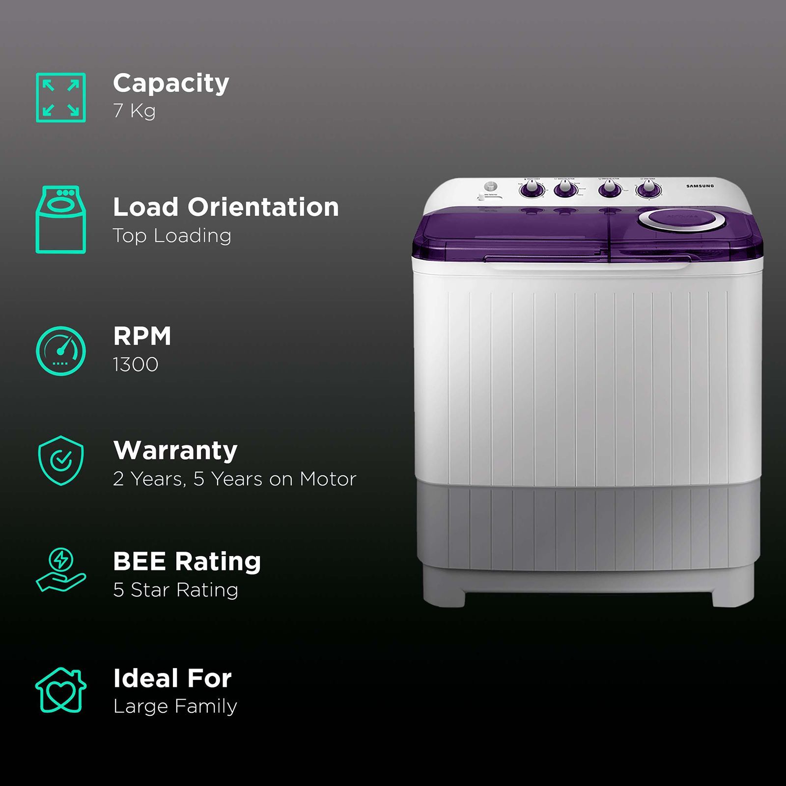 SAMSUNG 7 kg 5 Star Semi Automatic Washing Machine with Magic Filter (WT70M3200HL/TL, Violet) SAMSUNG 7 kg 5 Star Semi Automatic Washing Machine with Magic Filter (WT70M3200HL/TL, Violet)_2