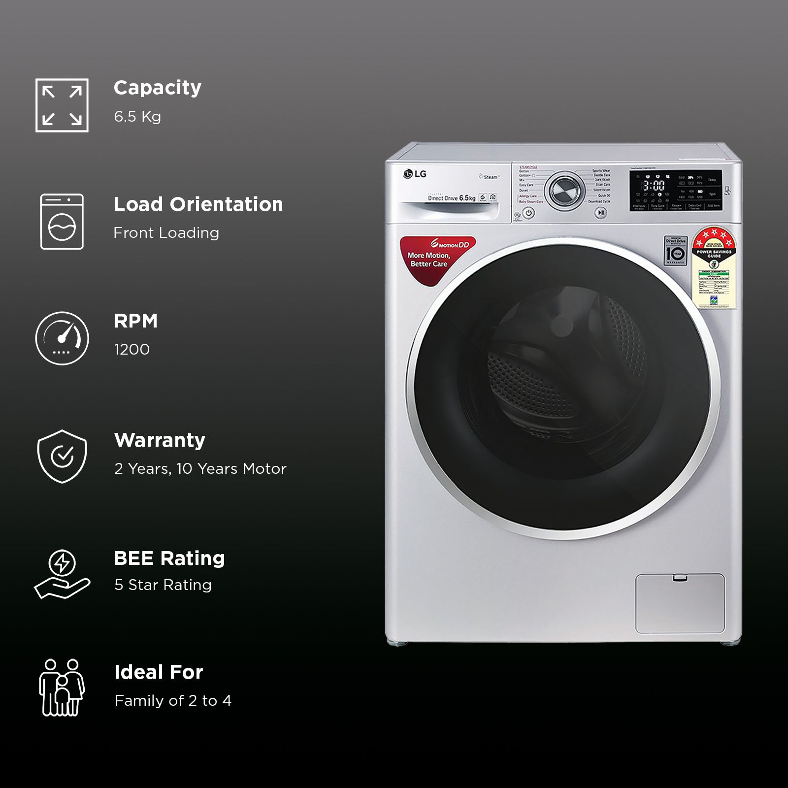 LG 6.5 kg 5 Star Inverter Fully Automatic Front Load Washing Machine (FHT1265ZNL.ALSQEIL, In-Built Heater, Luxury Silver)_2