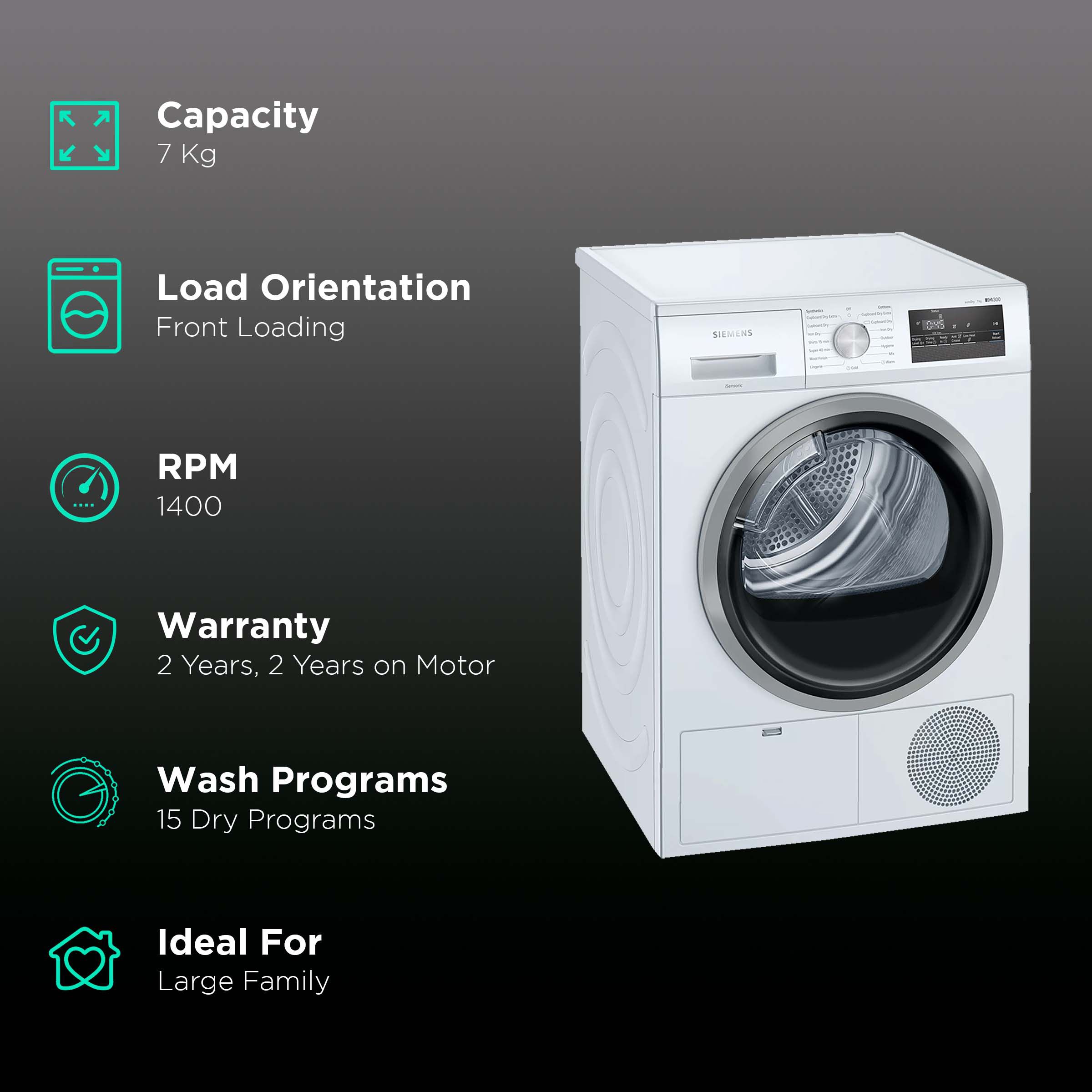 SIEMENS 7 kg Fully Automatic Front Load Dryer (WT46N203IN, Galvalume Drum, White) SIEMENS 7 kg Fully Automatic Front Load Dryer (WT46N203IN, Galvalume Drum, White)_2