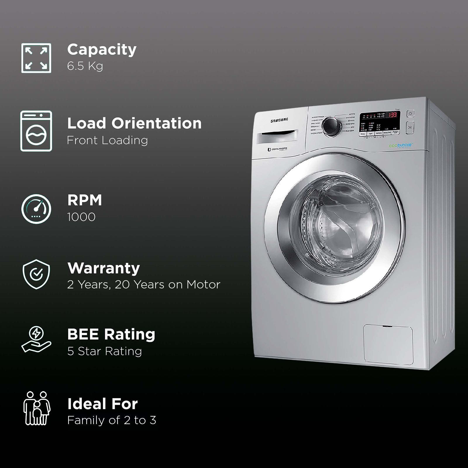 SAMSUNG 6.5 kg 5 Star Fully Automatic Front Load Washing Machine (12 Wash Programs, WW66R20GKSS/TL, Silver)_2