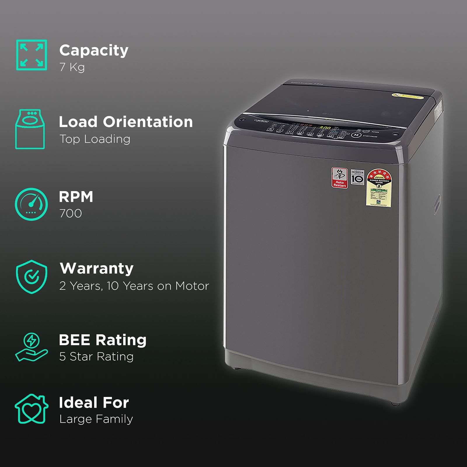 LG 7 kg 5 Star Inverter Fully Automatic Top Load Washing Machine (T70SJMB1Z.ABMQEIL, Smart Inverter Technology, Middle Black) LG 7 kg 5 Star Inverter Fully Automatic Top Load Washing Machine (T70SJMB1Z.ABMQEIL, Smart Inverter Technology, Middle Black)_2