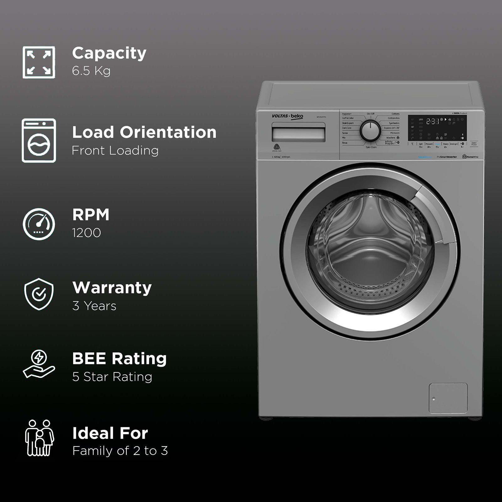 VOLTAS beko 6.5 kg 5 Star Inverter Fully Automatic Front Load Washing Machine (WFL6512VTSS, Hygiene Plus Function, Grey)_2