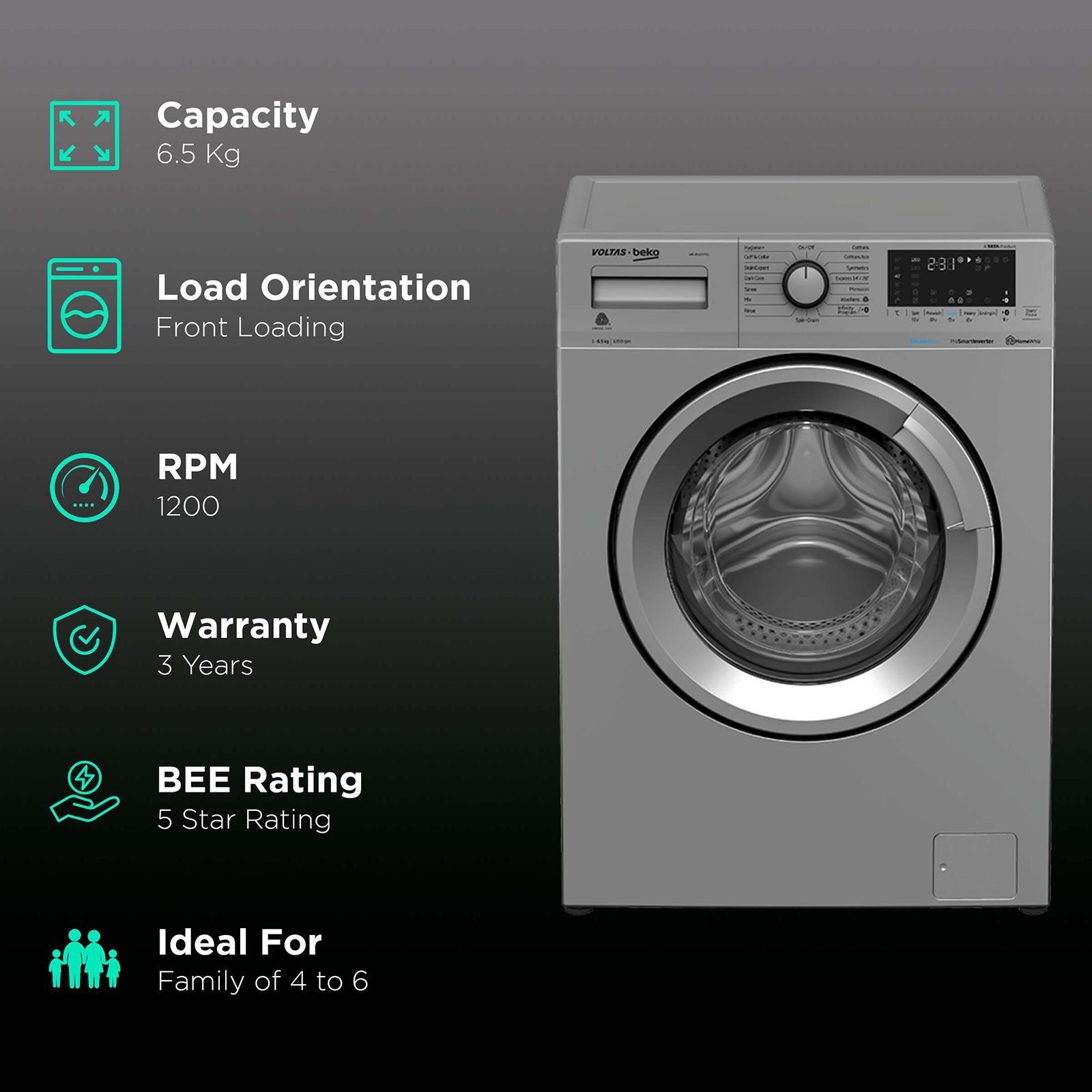 VOLTAS beko 6.5 kg 5 Star Inverter Fully Automatic Front Load Washing Machine (WFL6512VTSS, Hygiene Plus Function, Grey) VOLTAS beko 6.5 kg 5 Star Inverter Fully Automatic Front Load Washing Machine (WFL6512VTSS, Hygiene Plus Function, Grey)_2