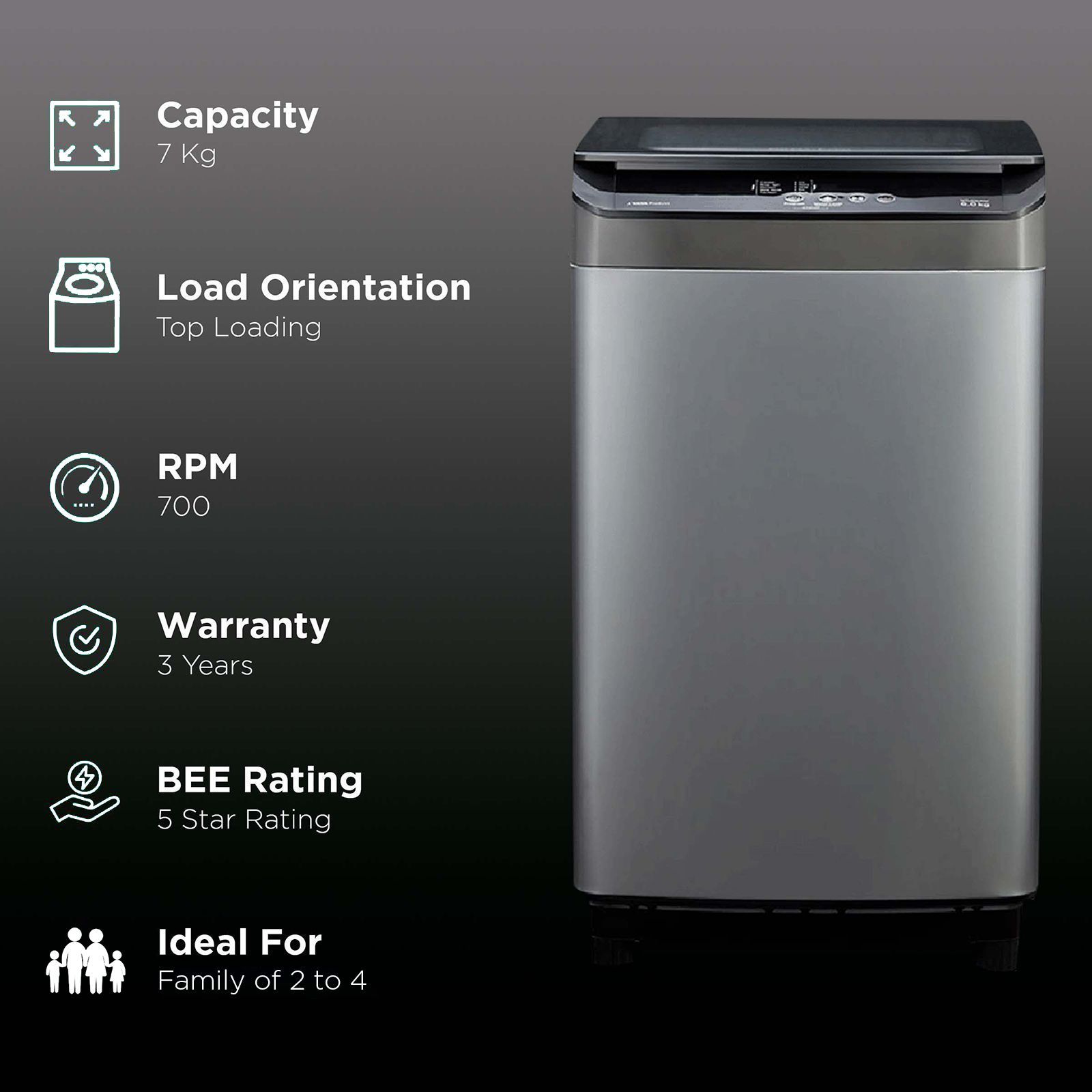 VOLTAS beko 7 kg 5 Star Fully Automatic Top Load Washing Machine (WTL70UPGC, IPX4 Control Panel, Grey)_2