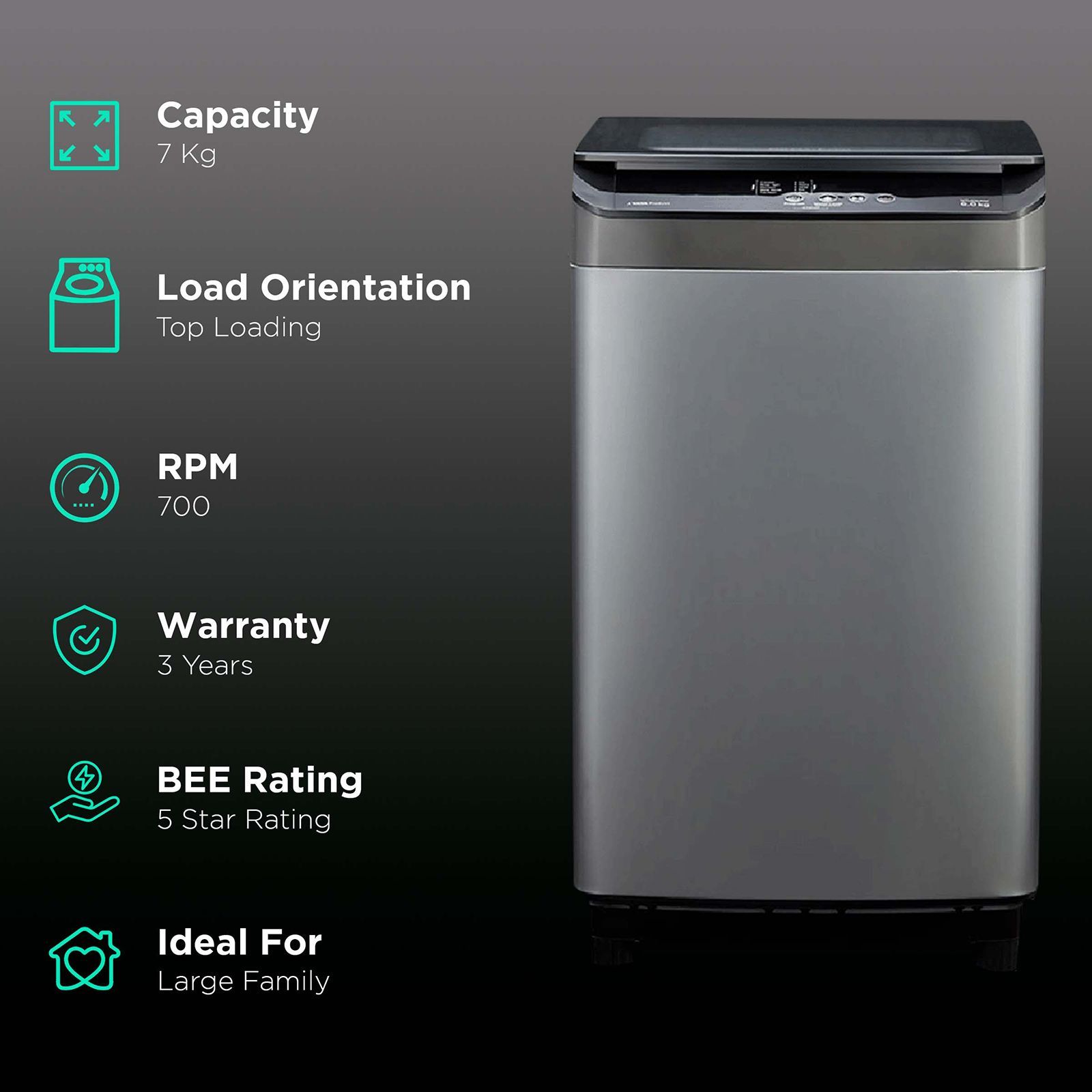 VOLTAS beko 7 kg 5 Star Fully Automatic Top Load Washing Machine (WTL70UPGC, IPX4 Control Panel, Grey)_2