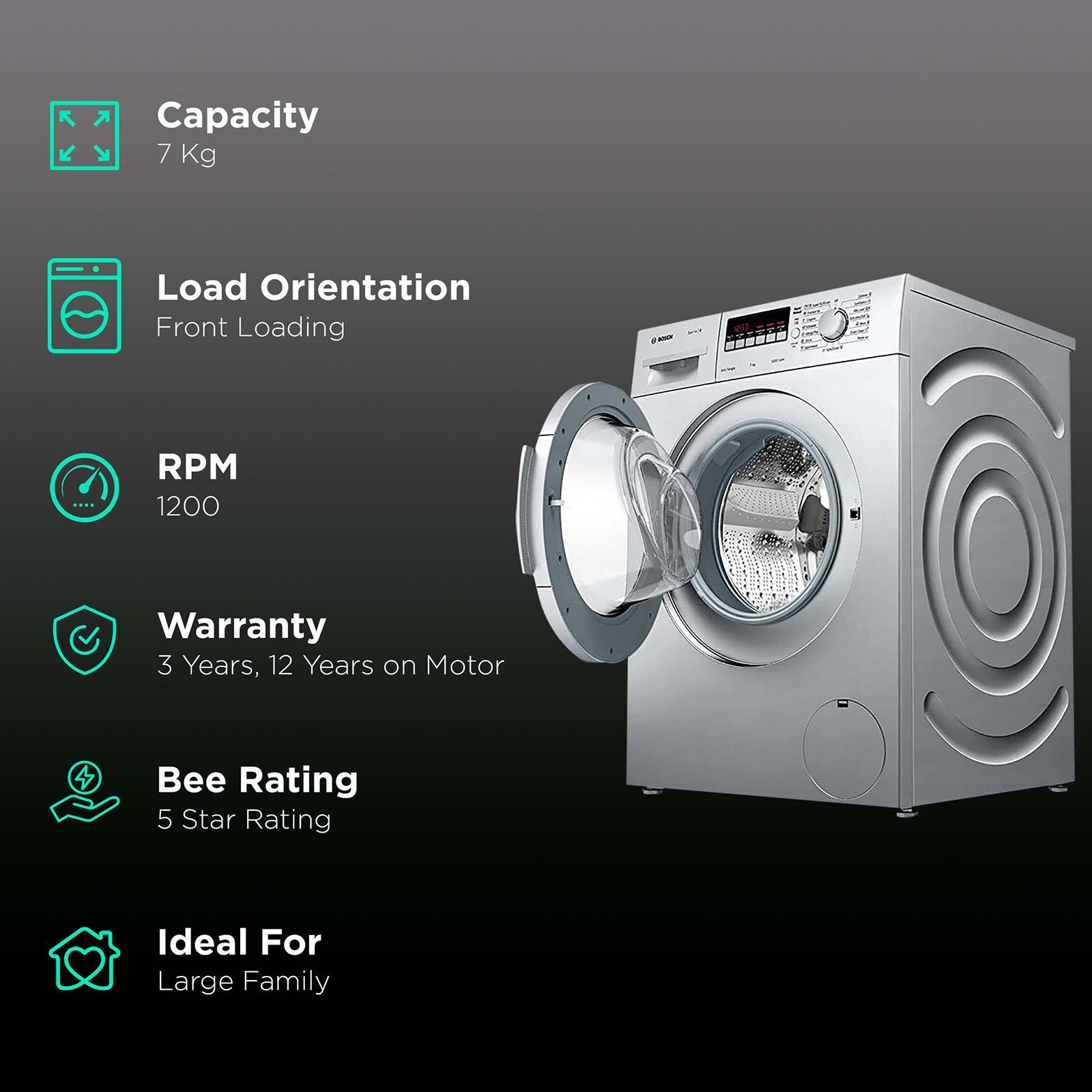 BOSCH 7 kg 5 Star Inverter Fully Automatic Front Load Washing Machine (Serie 4, WAJ2446SIN, EcoSilence Drive, Platinum Silver)_2