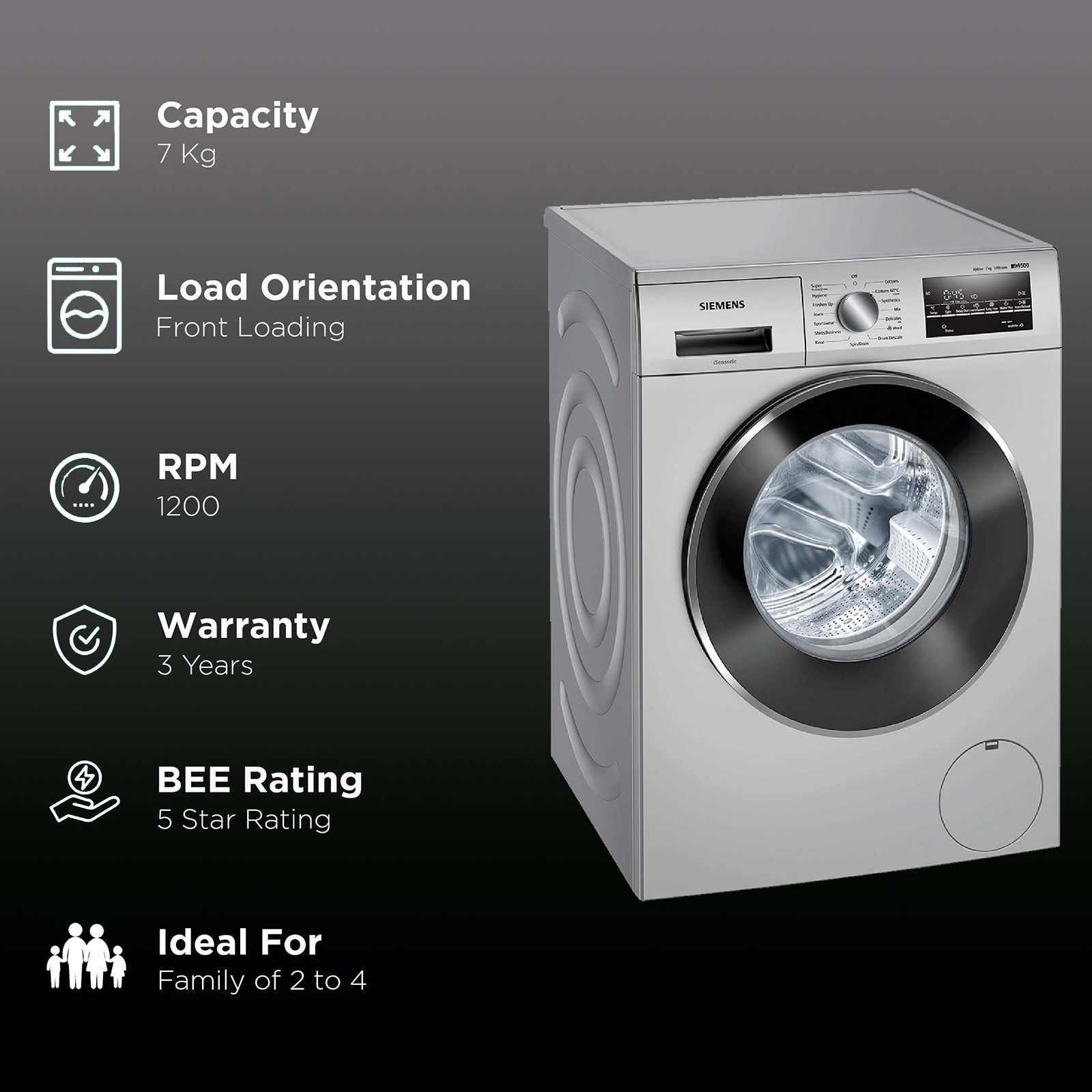 SIEMENS 7 kg 5 Star Inverter Fully Automatic Front Load Washing Machine (iQ300, WM12J46SIN, Wave Drum, Platinum Silver)_2