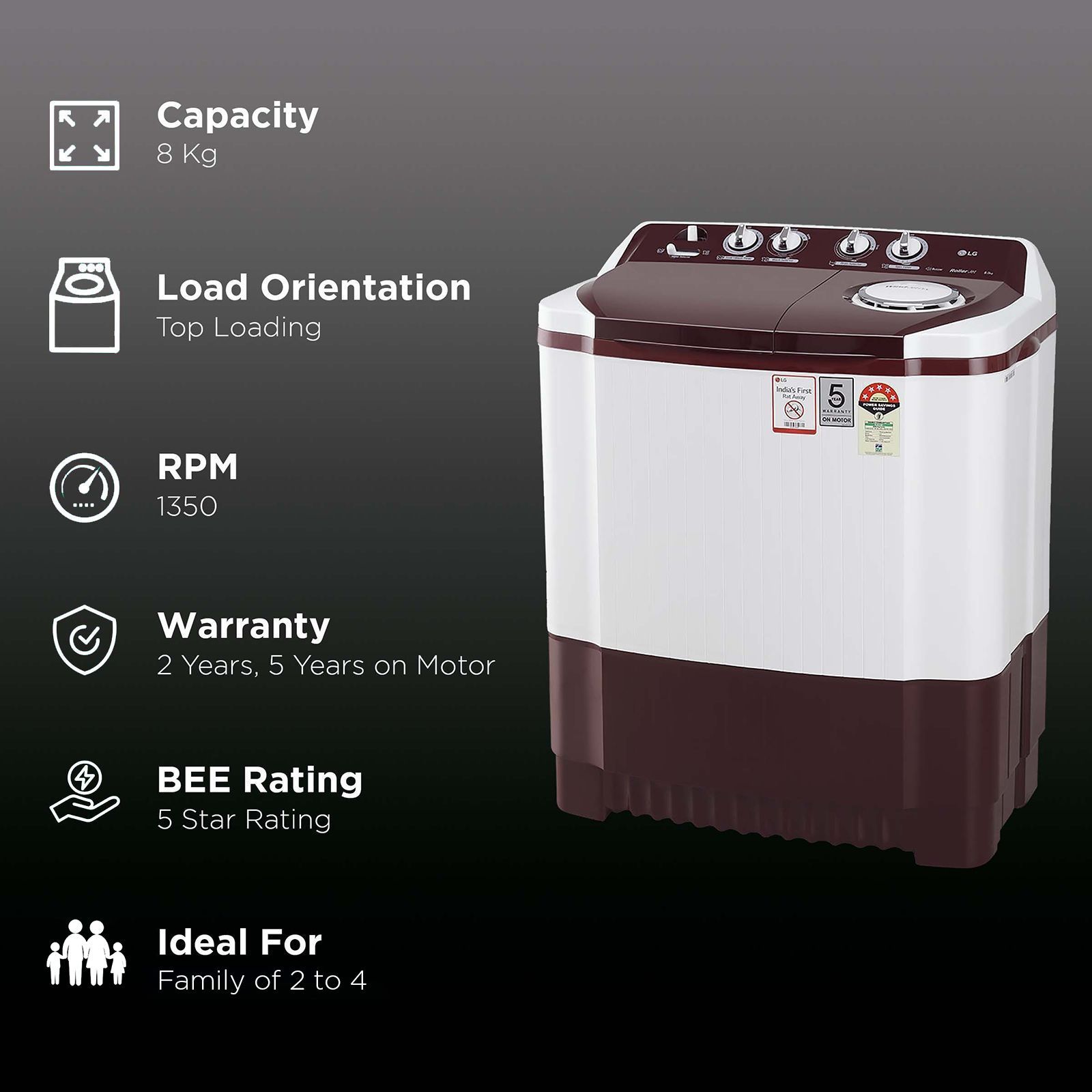 LG 8 kg 5 Star Semi Automatic Washing Machine with Lint Filter (P8030SRAZ.ABGQEIL, Burgundy)_2