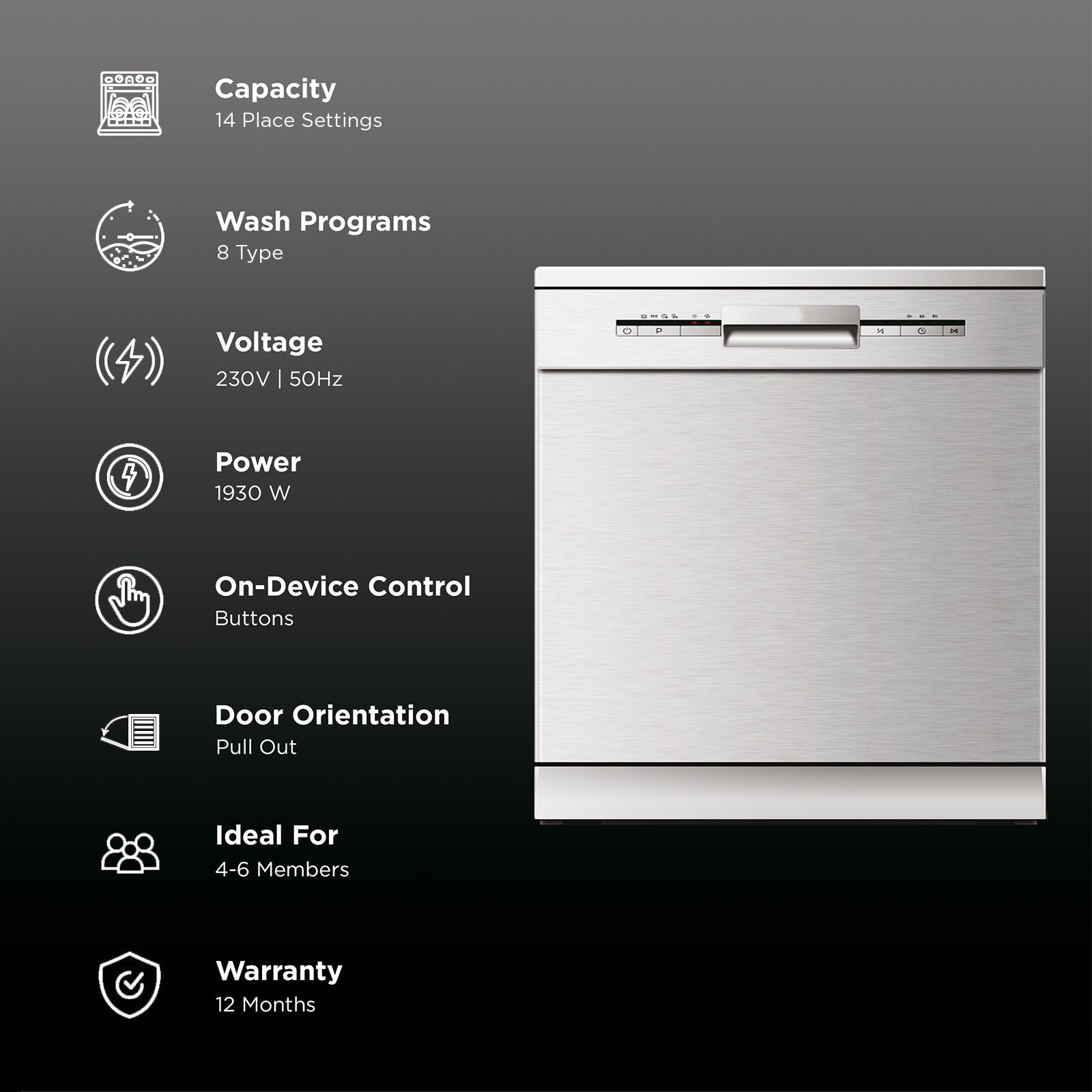 elica WQP12-7735HR 14 Place Settings Built-in Dishwasher with On Device Control (Stainless Steel)_3