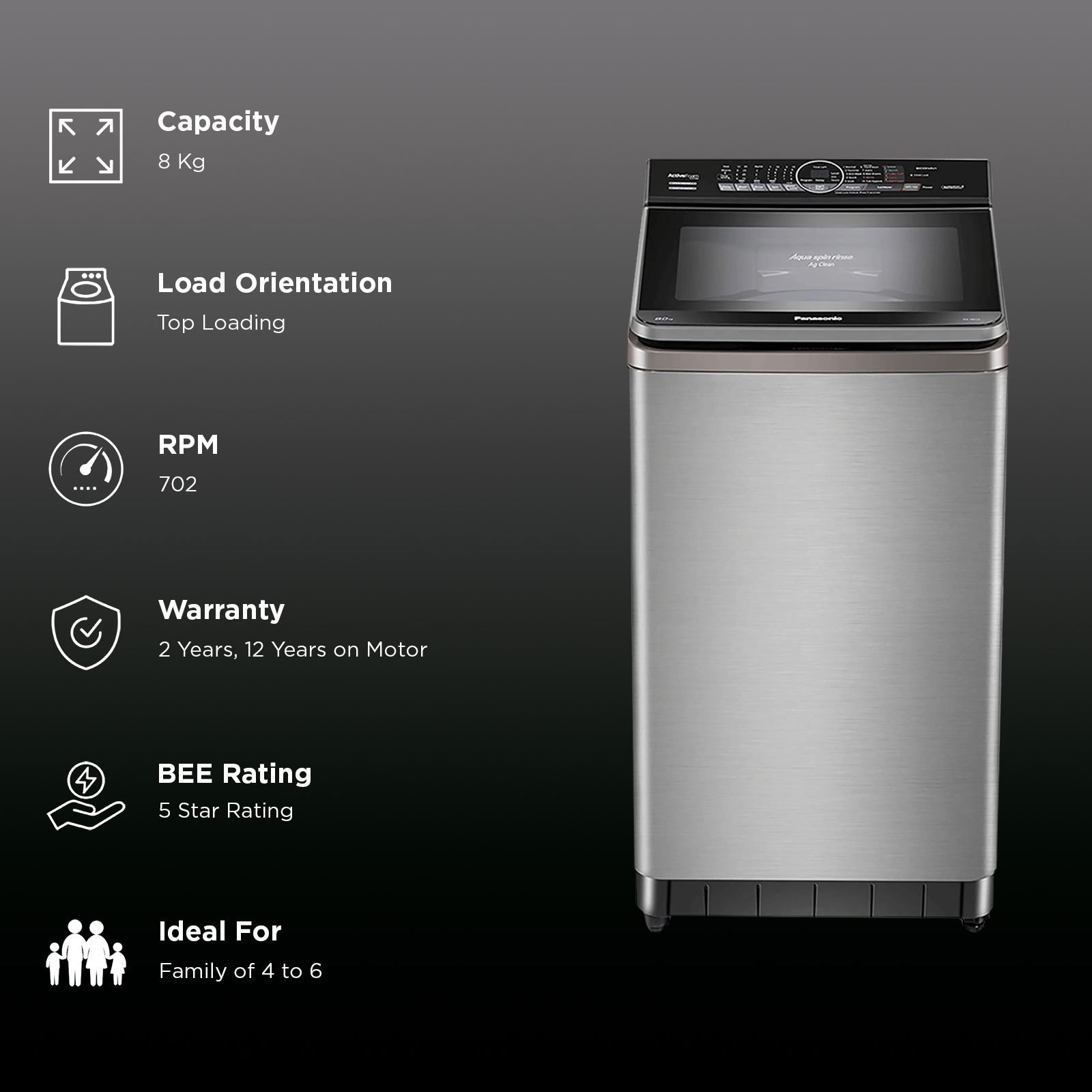 Panasonic 8 kg 5 Star Fully Automatic Top Load Washing Machine (NA-F80V9SRB, Lint Filter, Stainless Steel)_3