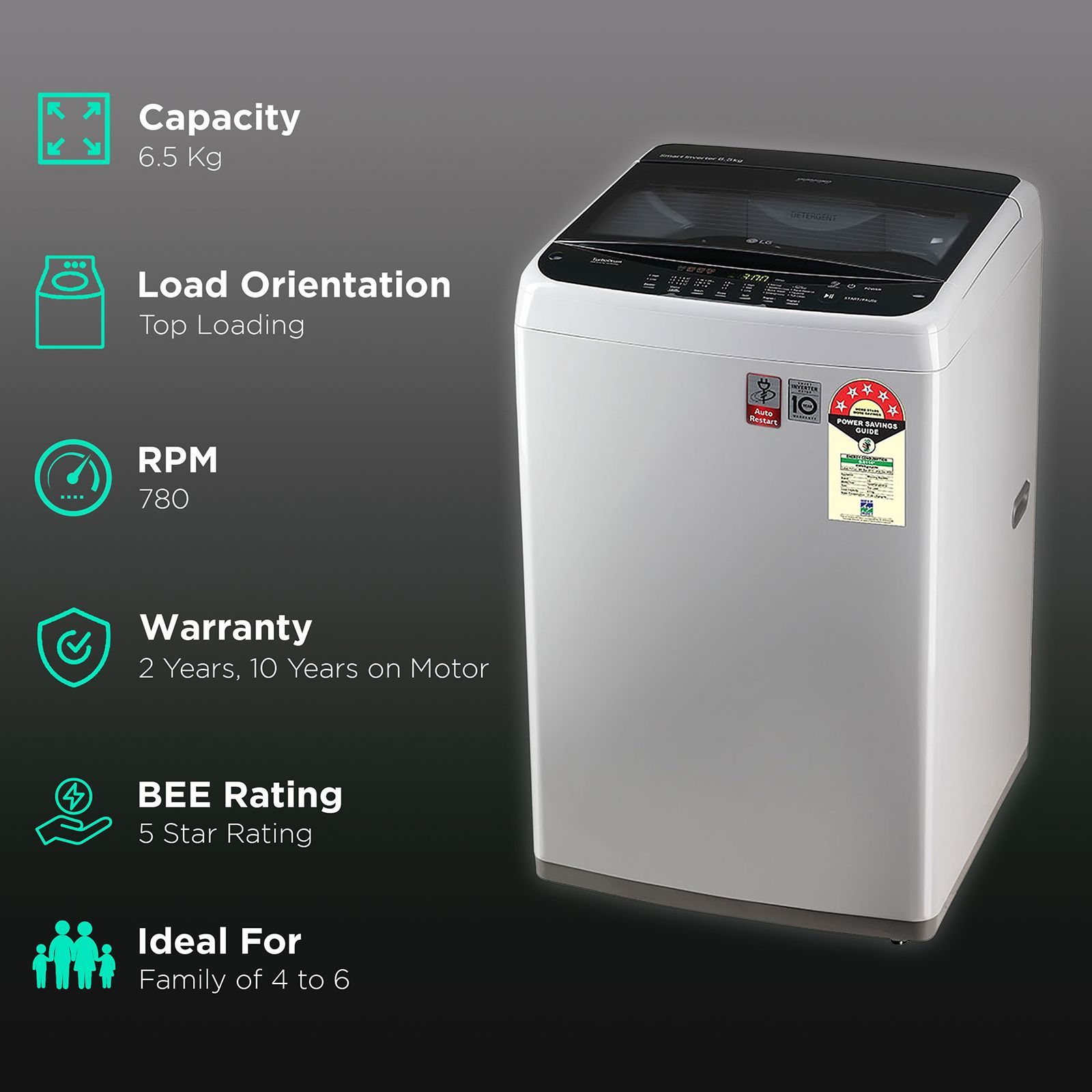 LG 6.5 kg 5 Star Inverter Fully Automatic Top Load Washing Machine (T65SPSF2Z.ASFQEIL, Smart Inverter Technology, Middle Free Silver) LG 6.5 kg 5 Star Inverter Fully Automatic Top Load Washing Machine (T65SPSF2Z.ASFQEIL, Smart Inverter Technology, Middle Free Silver)_2