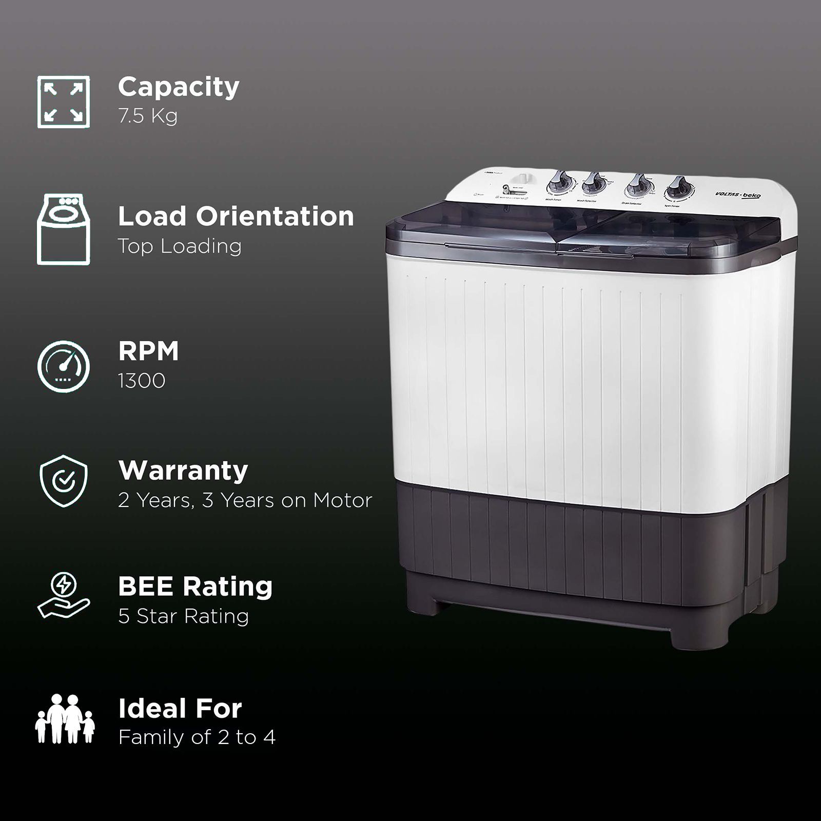 VOLTAS beko 7.5 kg 5 Star Semi Automatic Washing Machine with IPX4 Control Panel (WTT75DGRT, Grey)_2