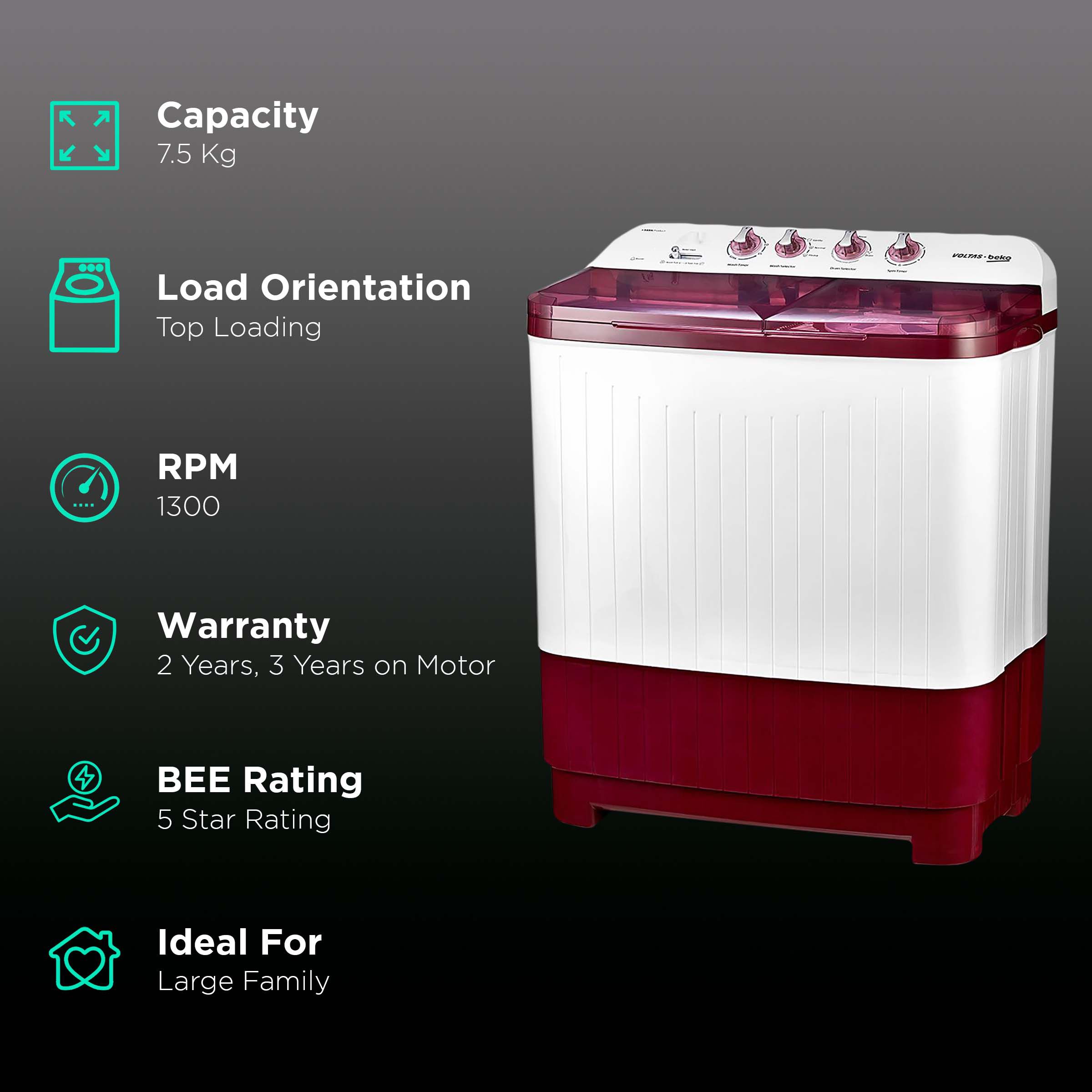 VOLTAS beko 7.5 kg 5 Star Semi Automatic Washing Machine with IPX4 Control Panel (WTT75DBRT, Burgundy)_2