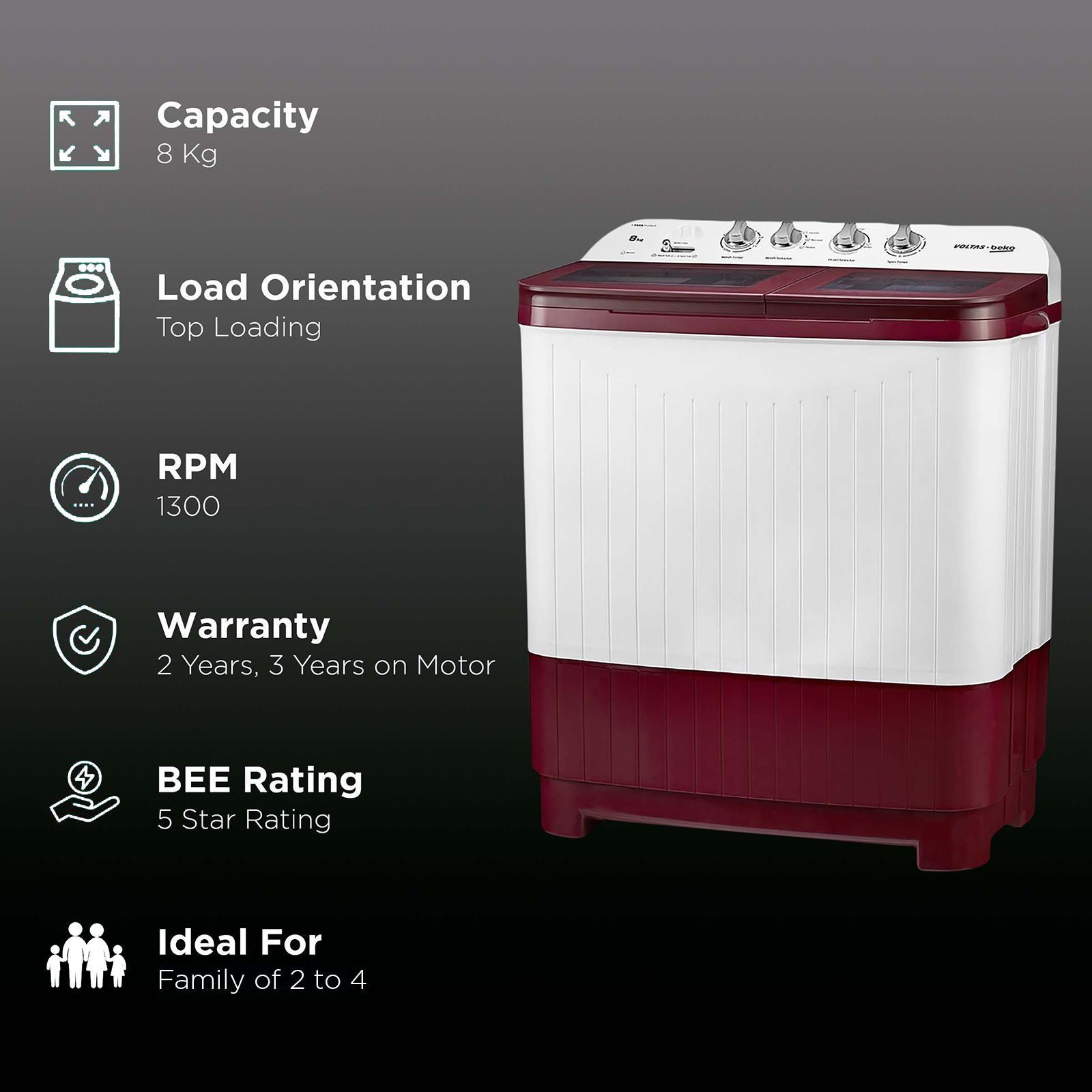 VOLTAS beko 8 kg 5 Star Semi Automatic Washing Machine with IPX4 Control Panel (WTT80DBRG, Burgundy)_2