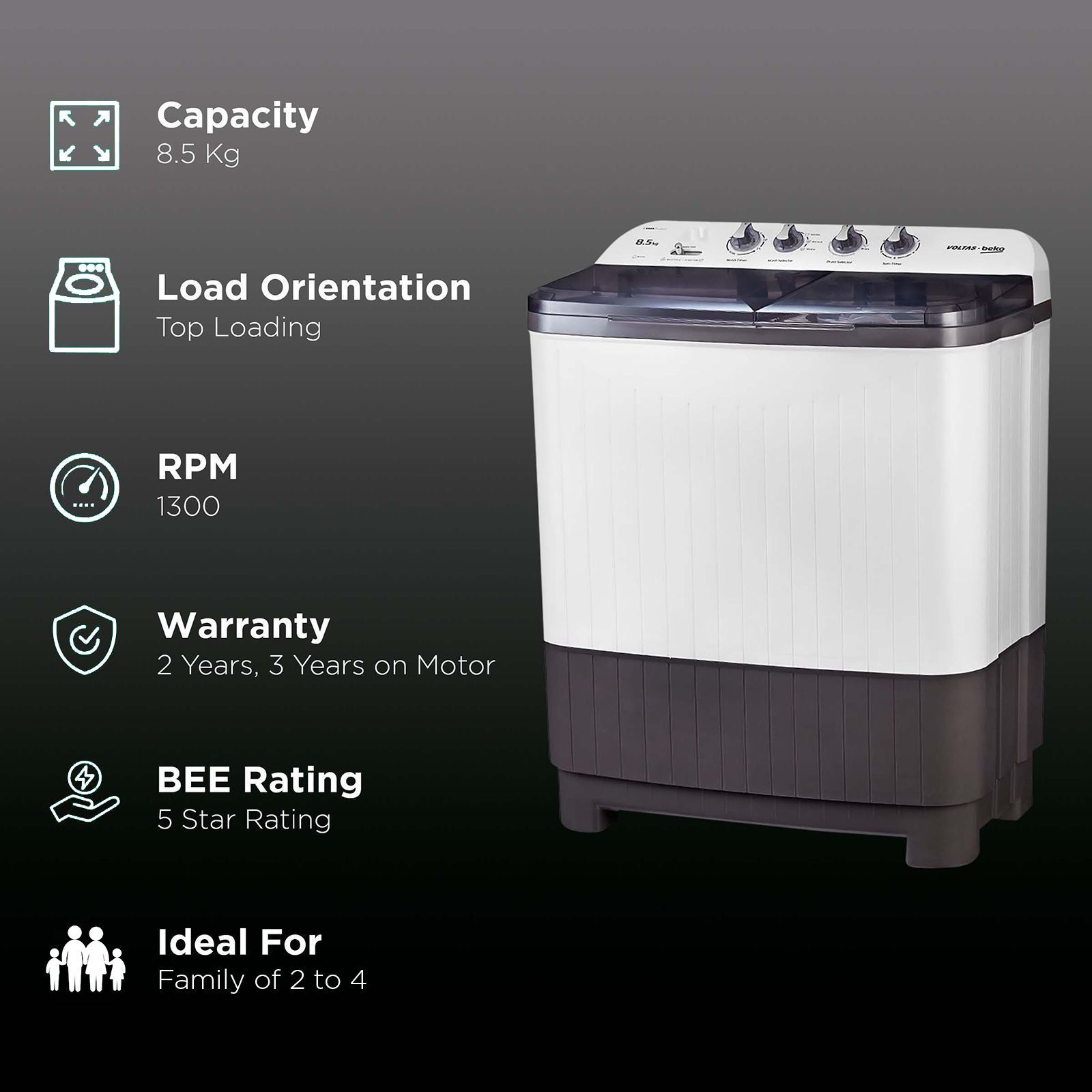 VOLTAS beko 8.5 kg 5 Star Semi Automatic Washing Machine with IPX4 Control Panel (WTT85DGRT, Grey)_2