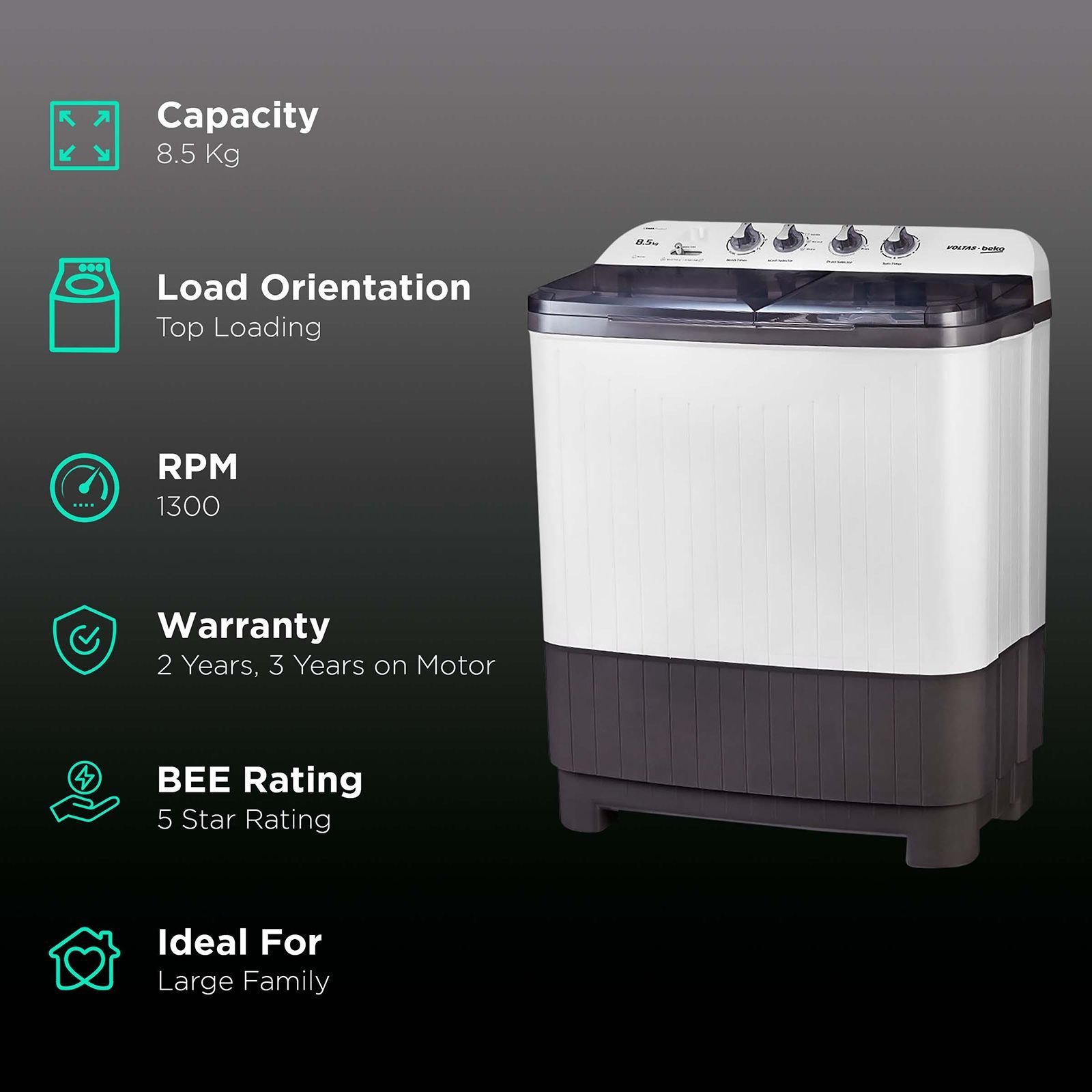 VOLTAS beko 8.5 kg 5 Star Semi Automatic Washing Machine with IPX4 Control Panel (WTT85DGRT, Grey) VOLTAS beko 8.5 kg 5 Star Semi Automatic Washing Machine with IPX4 Control Panel (WTT85DGRT, Grey)_2