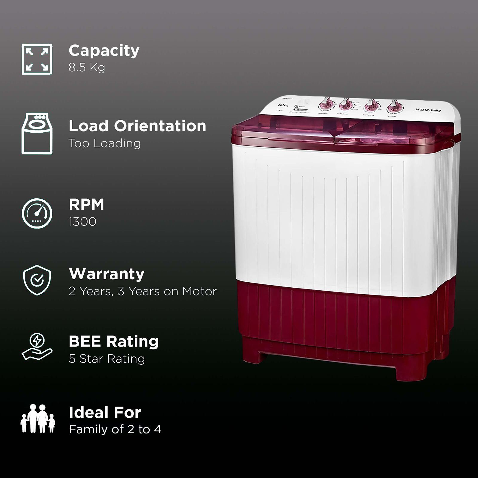 VOLTAS beko 8.5 kg 5 Star Semi Automatic Washing Machine with IPX4 Control Panel (WTT85DBRT, Burgundy)_2