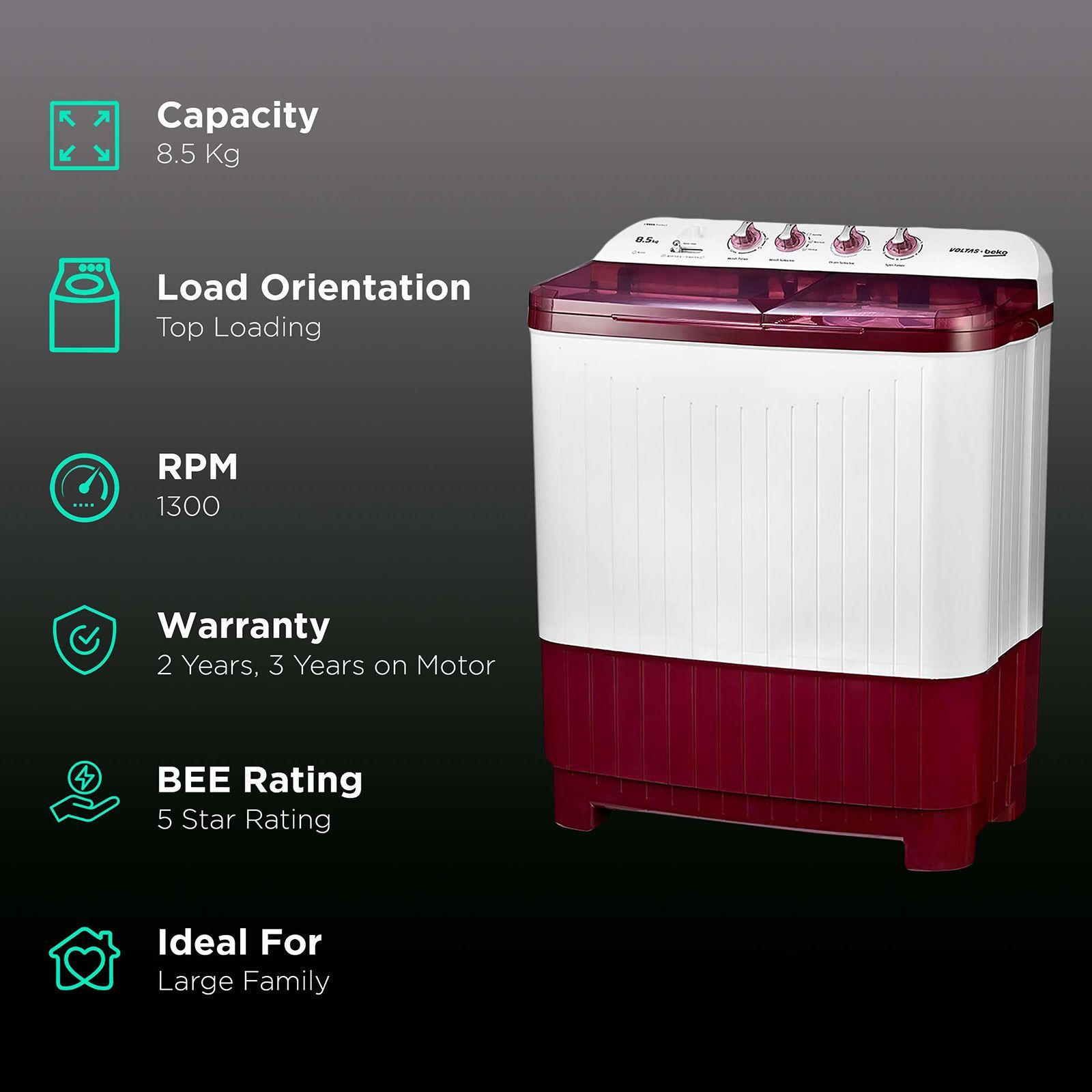 VOLTAS beko 8.5 kg 5 Star Semi Automatic Washing Machine with IPX4 Control Panel (WTT85DBRT, Burgundy)_2