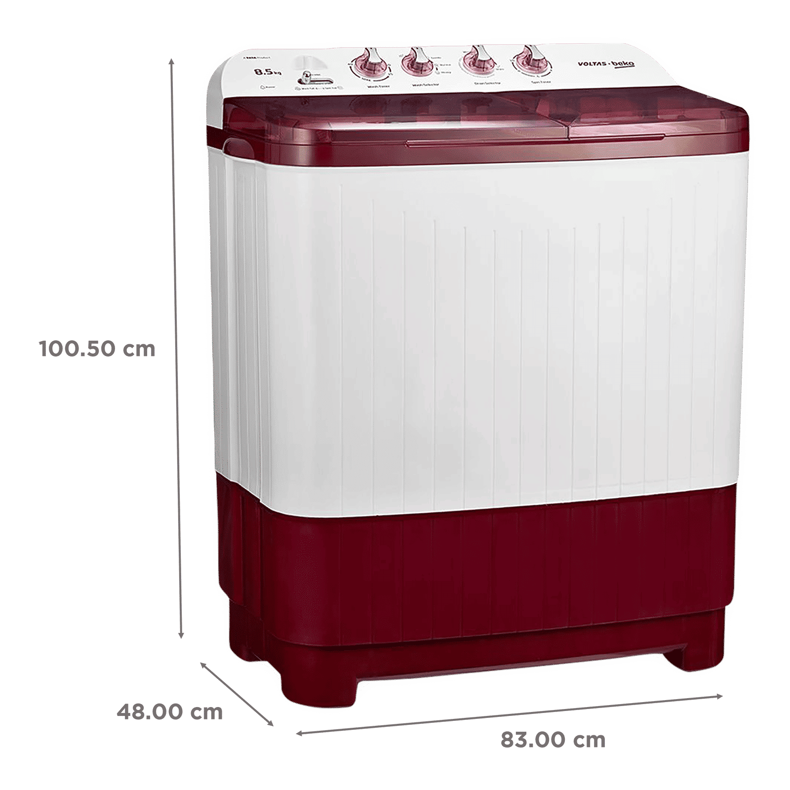 VOLTAS beko 8.5 kg 5 Star Semi Automatic Washing Machine with IPX4 Control Panel (WTT85DBRT, Burgundy)_3