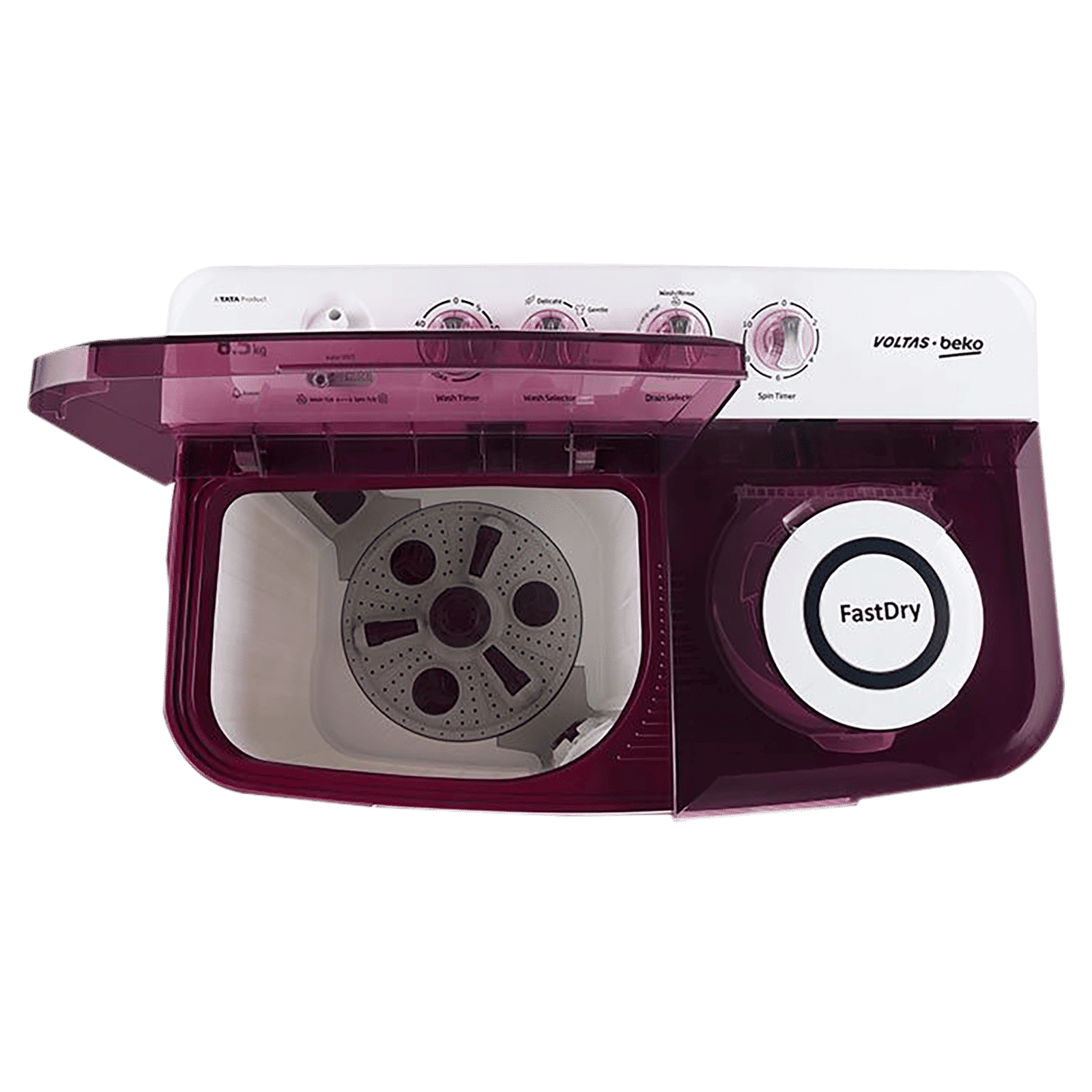 VOLTAS beko 8.5 kg 5 Star Semi Automatic Washing Machine with IPX4 Control Panel (WTT85DBRT, Burgundy)_7