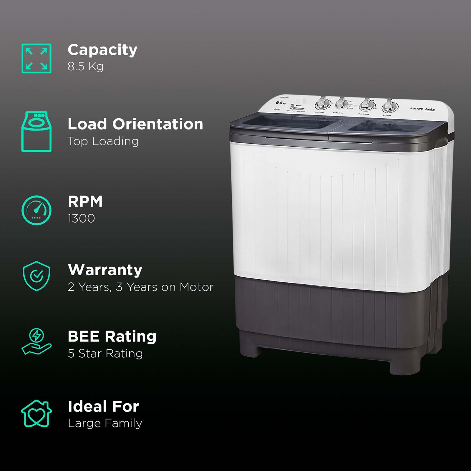 VOLTAS beko 8.5 kg 5 Star Semi Automatic Washing Machine with IPX4 Control Panel (WTT85DGRG, Grey)_2