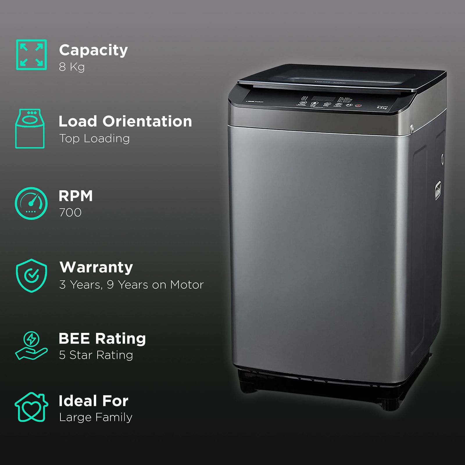 VOLTAS beko 8 kg 5 Star Fully Automatic Top Load Washing Machine (WTL80UPGB, IPX4 Control Panel, Grey)_2