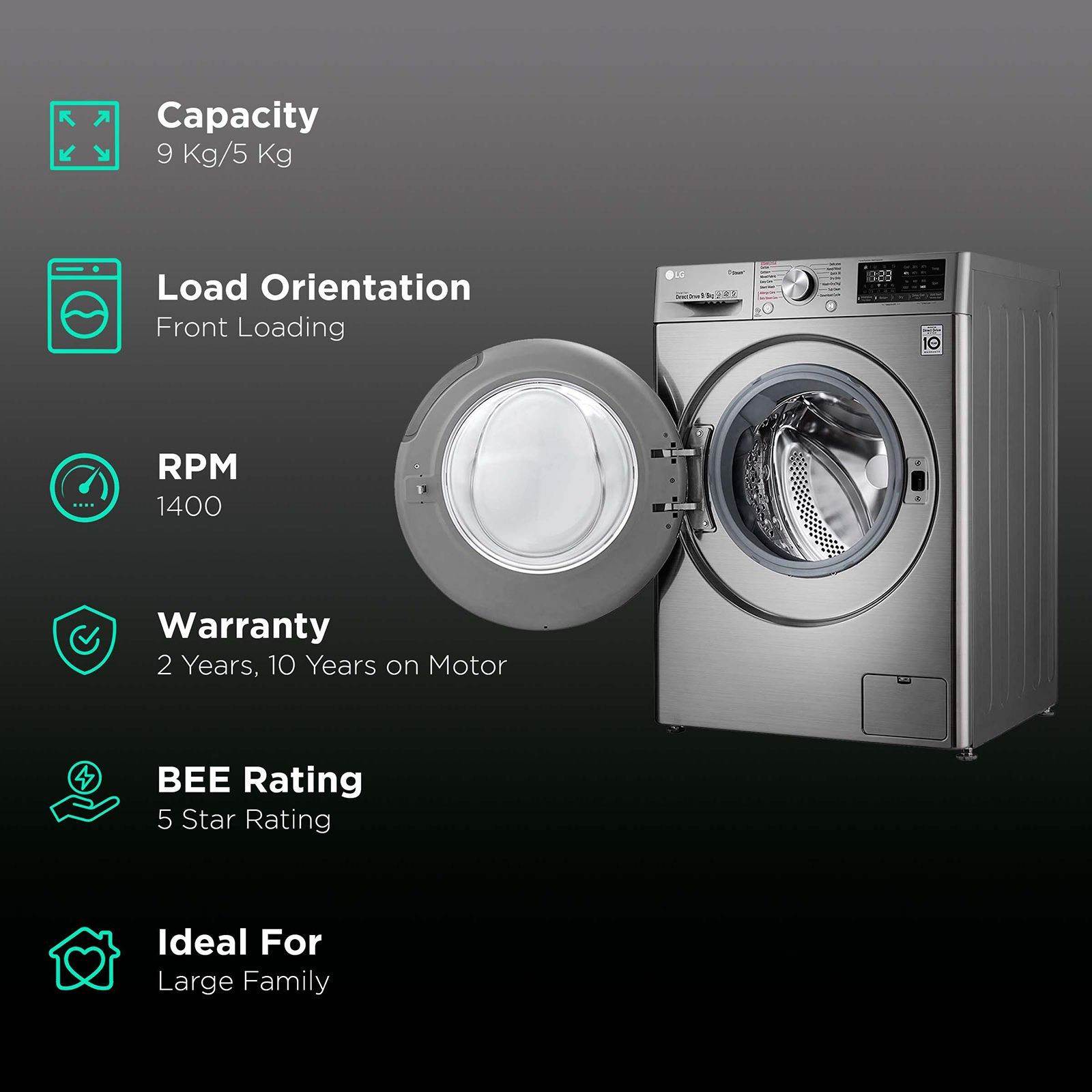 LG 9/5 kg 5 Star Inverter Fully Automatic Front Load Washer Dryer (FHD0905SWS.ASSQEIL, Steam Wash Technology, Silver)_2