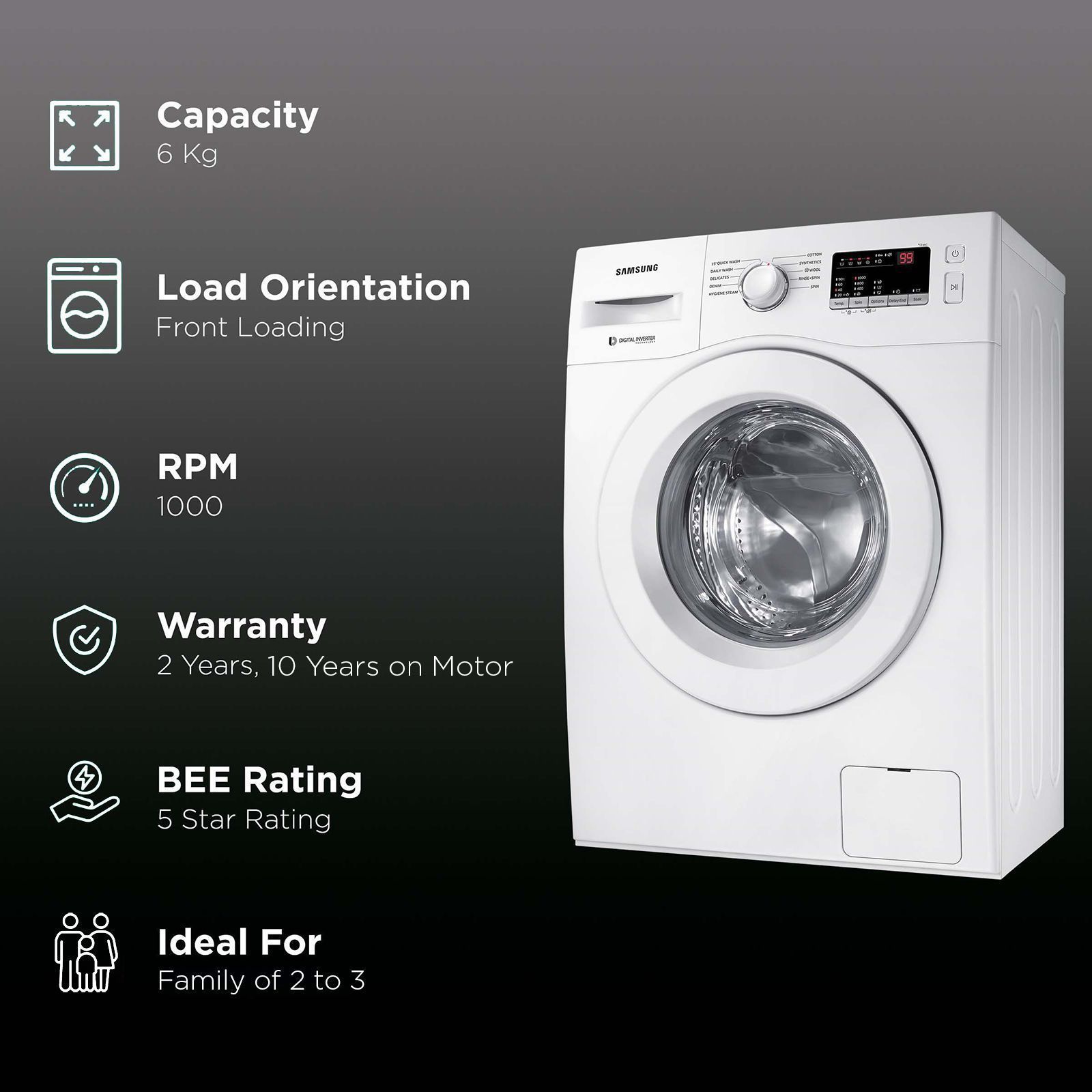 SAMSUNG 6 kg 5 Star Inverter Fully Automatic Front Load Washing Machine (WW61R20GLMW/TL, Diamond Drum, DA White)_2