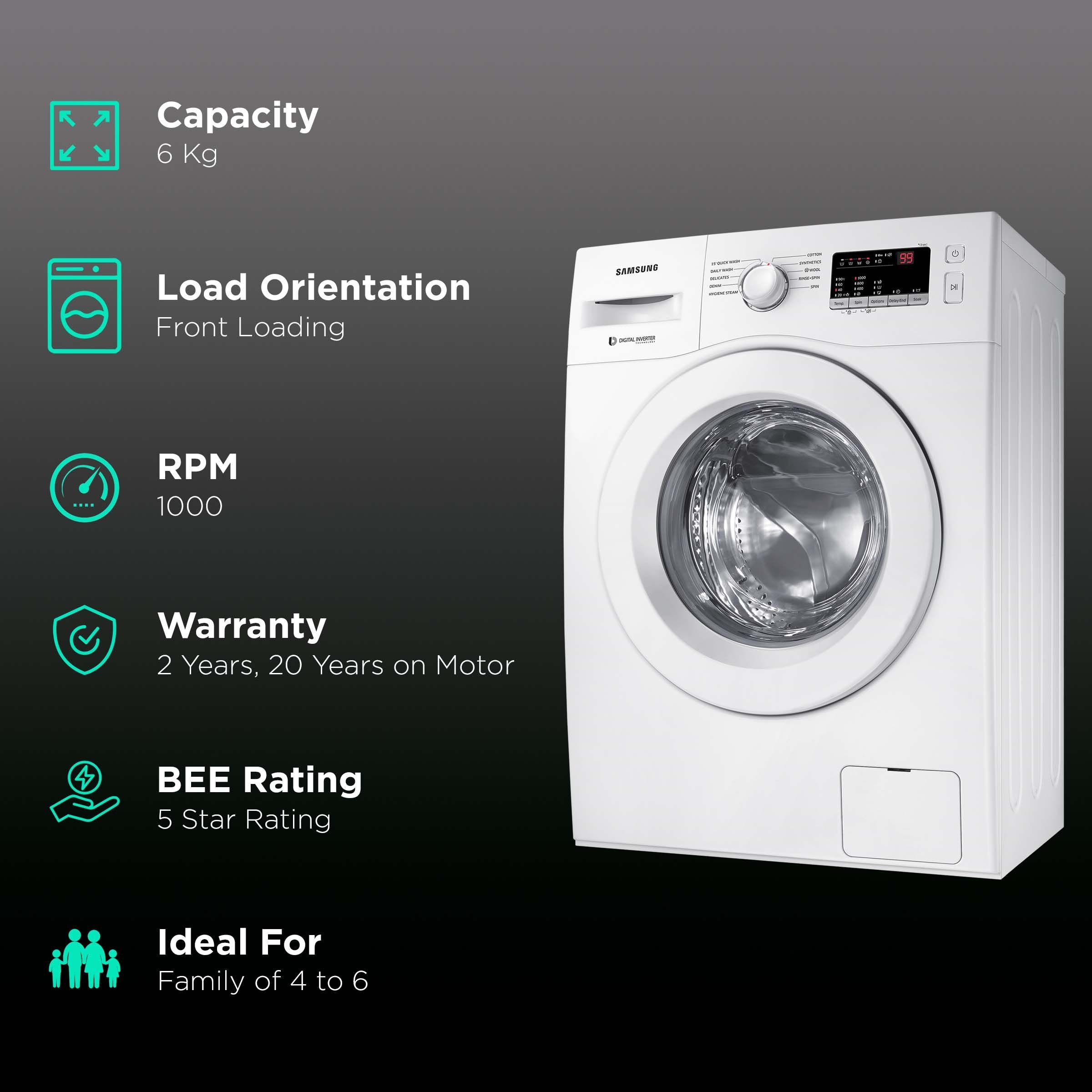 SAMSUNG 6 kg 5 Star Inverter Fully Automatic Front Load Washing Machine (WW61R20GLMW/TL, Diamond Drum, DA White) SAMSUNG 6 kg 5 Star Inverter Fully Automatic Front Load Washing Machine (WW61R20GLMW/TL, Diamond Drum, DA White)_2