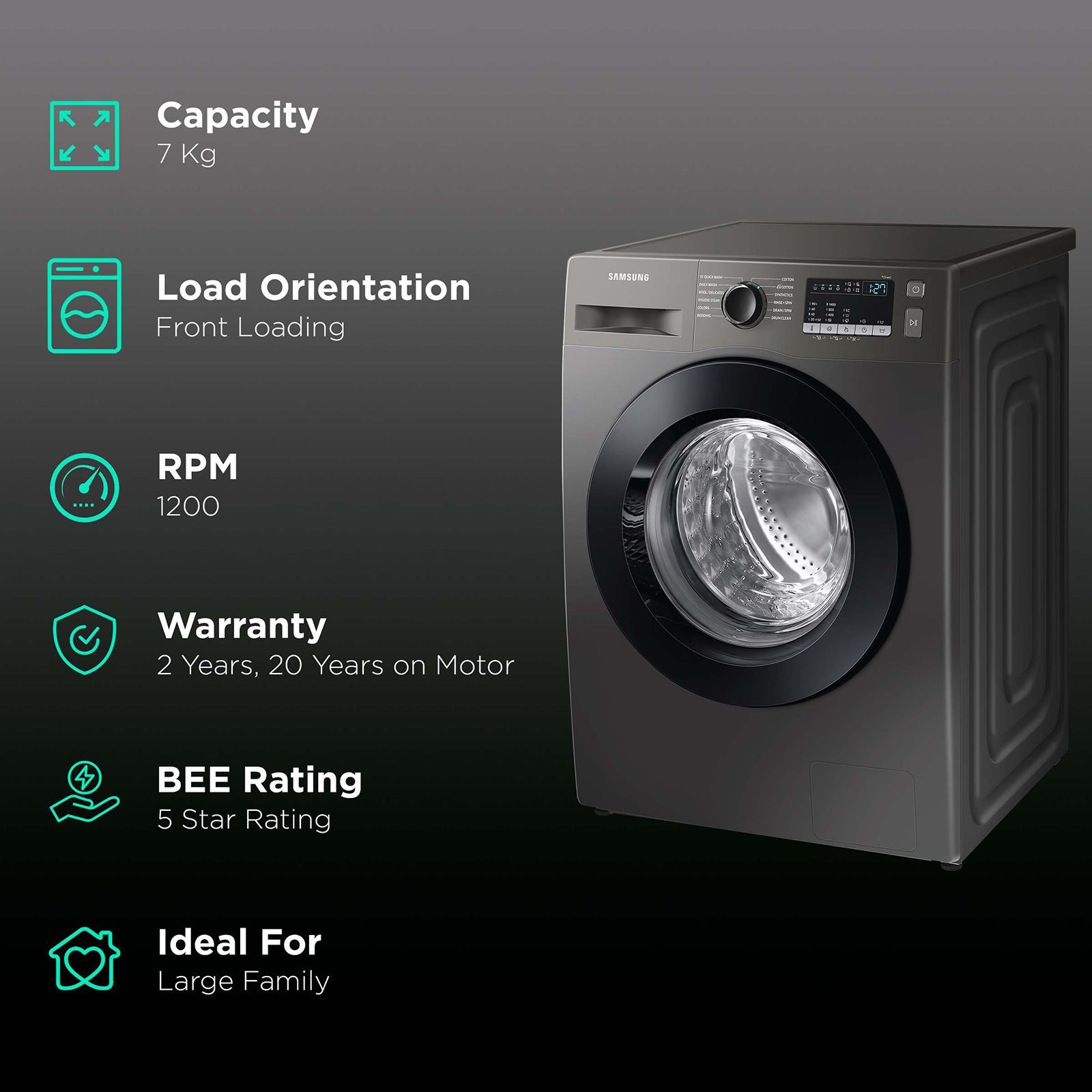 SAMSUNG 7 kg 5 Star Inverter Fully Automatic Front Load Washing Machine (WW70T4020CX/TL, Diamond Drum, Inox)_2