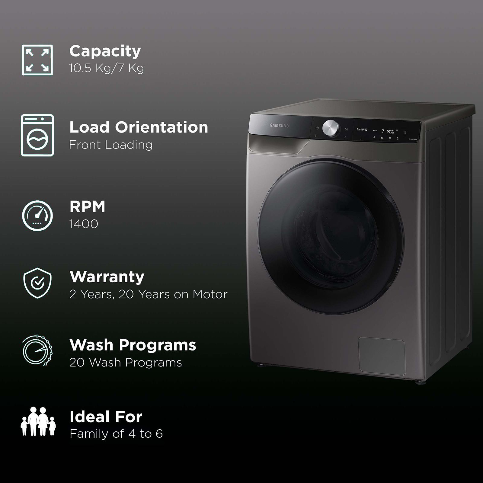 SAMSUNG 10.5/7 kg Inverter Fully Automatic Front Load Washer Dryer (WD10T704DBX/TL, AI Control Display, Inox)_2