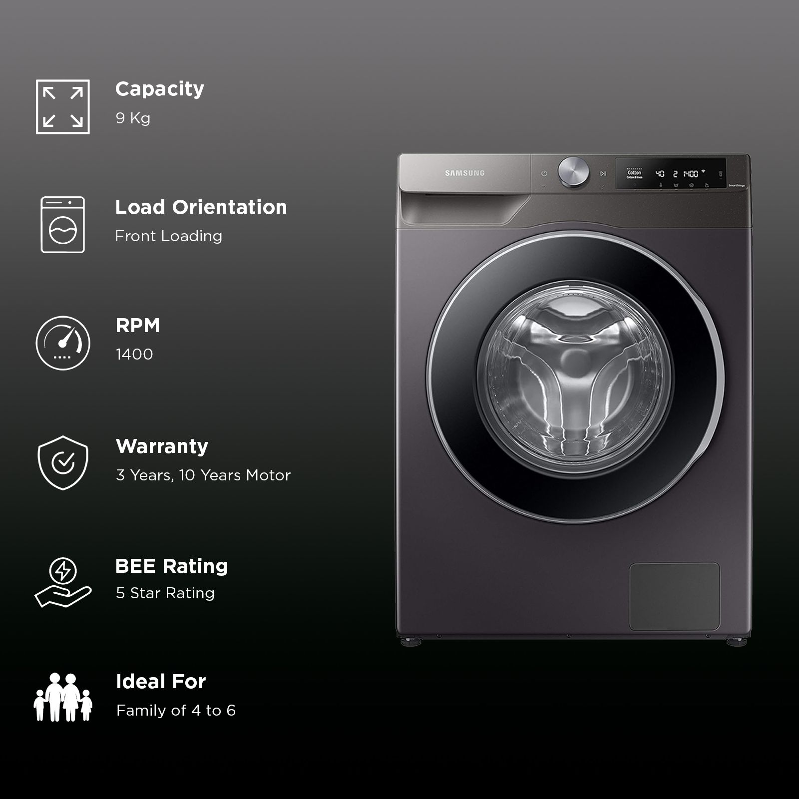 SAMSUNG 9 kg 5 Star Inverter Fully Automatic Front Load Washing Machine (WW90T604DLN/TL, AI Control Display, Inox)_2