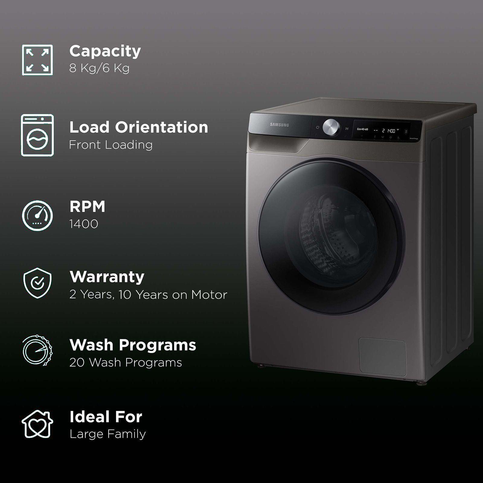 SAMSUNG 8/6 kg Inverter Fully Automatic Front Load Washer Dryer (WD80T604DBX/TL, AI Control Display, Inox)_2