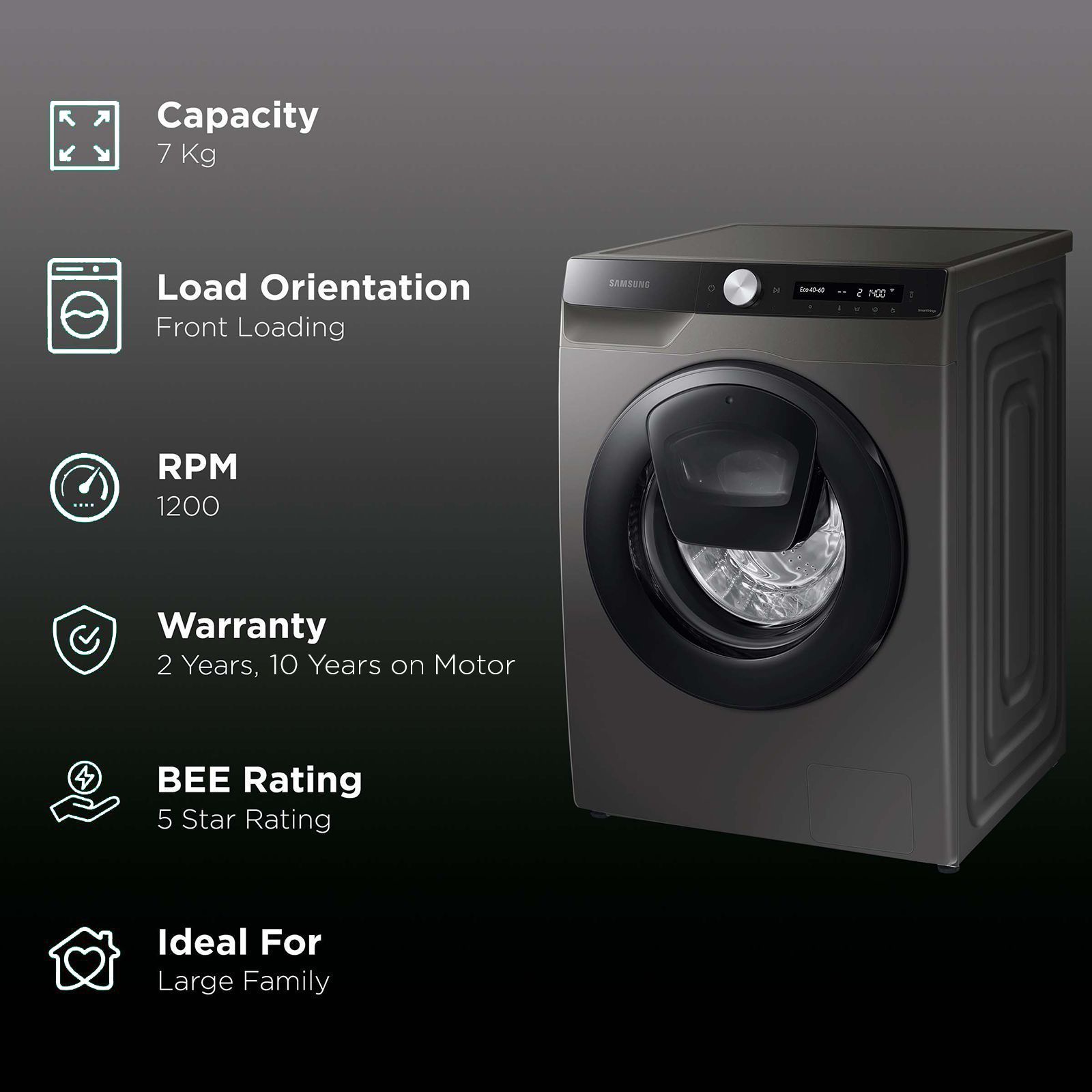 SAMSUNG 7 kg 5 Star Inverter Fully Automatic Front Load Washing Machine (WW70T552DAX/TL, AI Control Display, Inox)_2