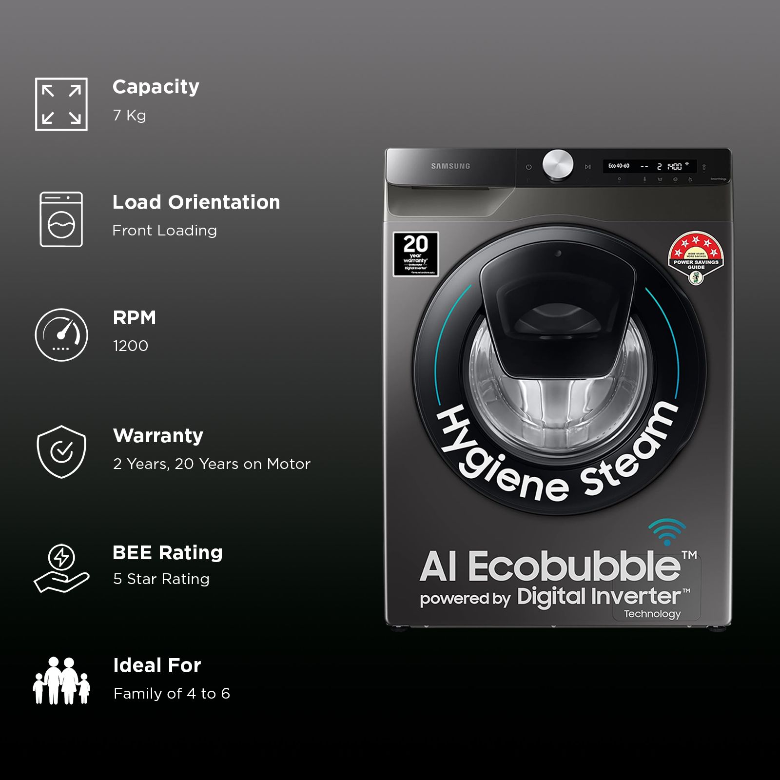 SAMSUNG 7 kg 5 Star Inverter Fully Automatic Front Load Washing Machine (WW70T552DAX/TL, AI Control Display, Inox) SAMSUNG 7 kg 5 Star Inverter Fully Automatic Front Load Washing Machine (WW70T552DAX/TL, AI Control Display, Inox)_3