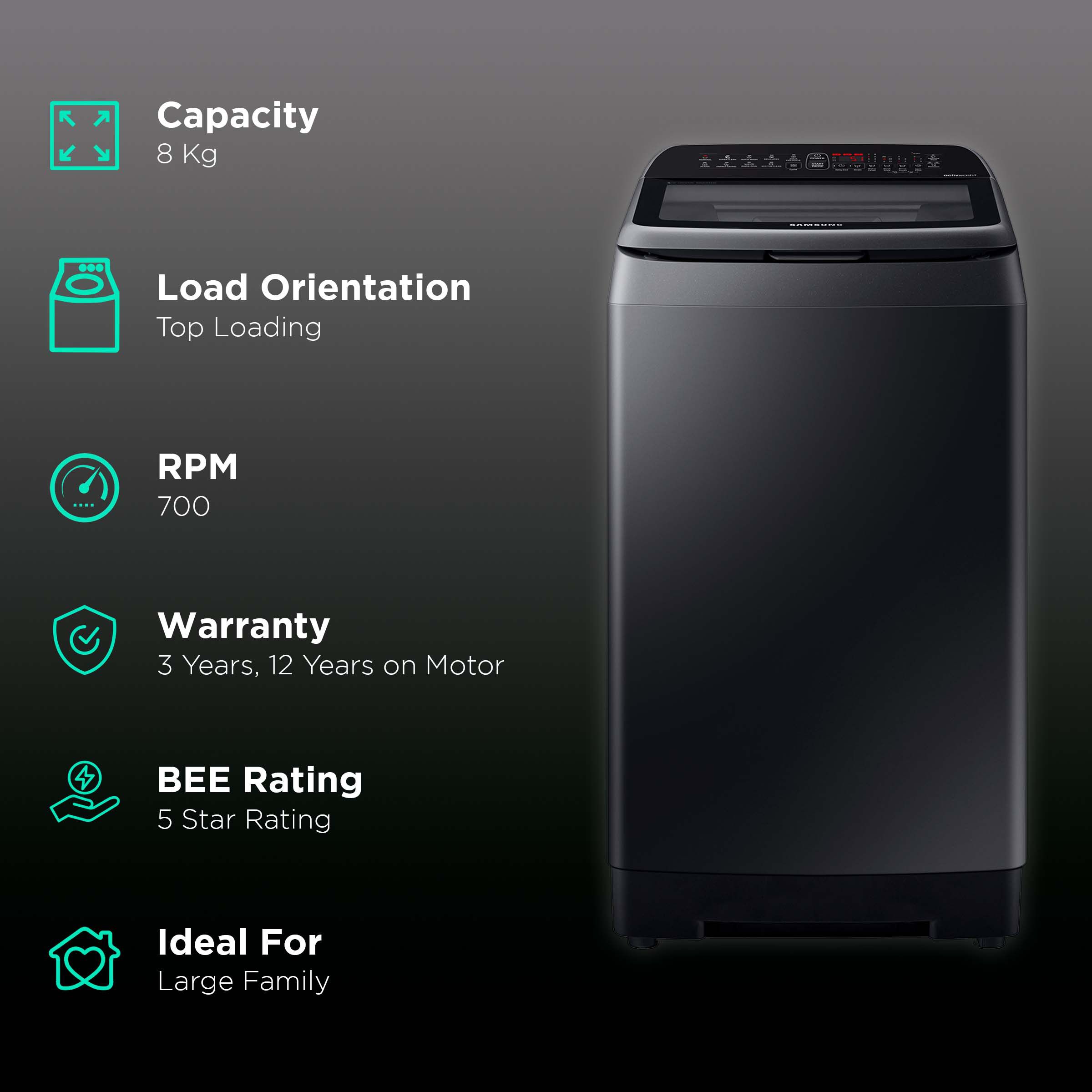 SAMSUNG 8 kg 5 Star Inverter Fully Automatic Top Load Washing Machine (WA80N4770VV/TL, Diamond Drum, Black Caviar)_2