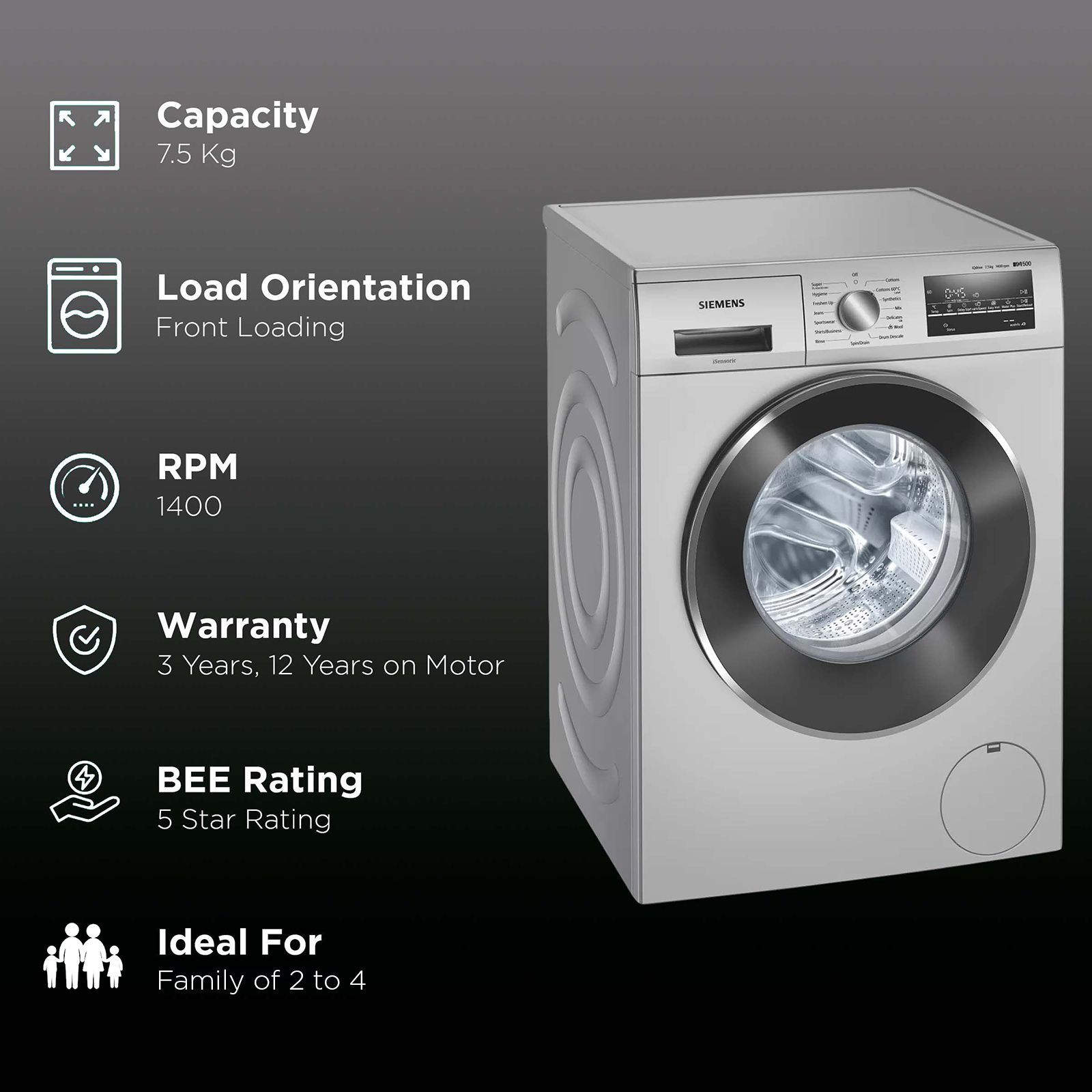 SIEMENS 7.5 kg 5 Star Fully Automatic Front Load Washing Machine (iQ500, WM14J46IIN, Wave Drum, Silver) SIEMENS 7.5 kg 5 Star Fully Automatic Front Load Washing Machine (iQ500, WM14J46IIN, Wave Drum, Silver)_2
