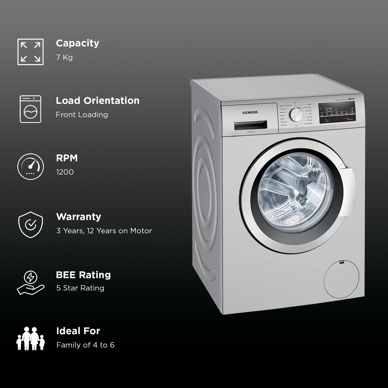 SIEMENS 7 kg 5 Star Fully Automatic Front Load Washing Machine (iQ300, WM12J26SIN, Wave Drum, Silver)_3